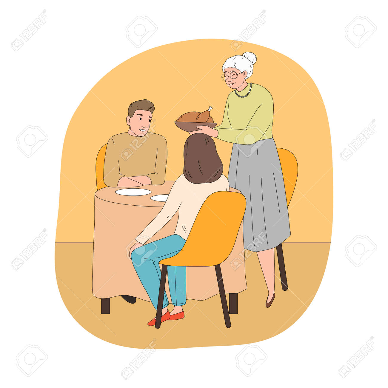 Happy family with grandmother having festive dinner with chicken - 164876694 Happy family with grandmother having festive dinner with chicken - 164876694