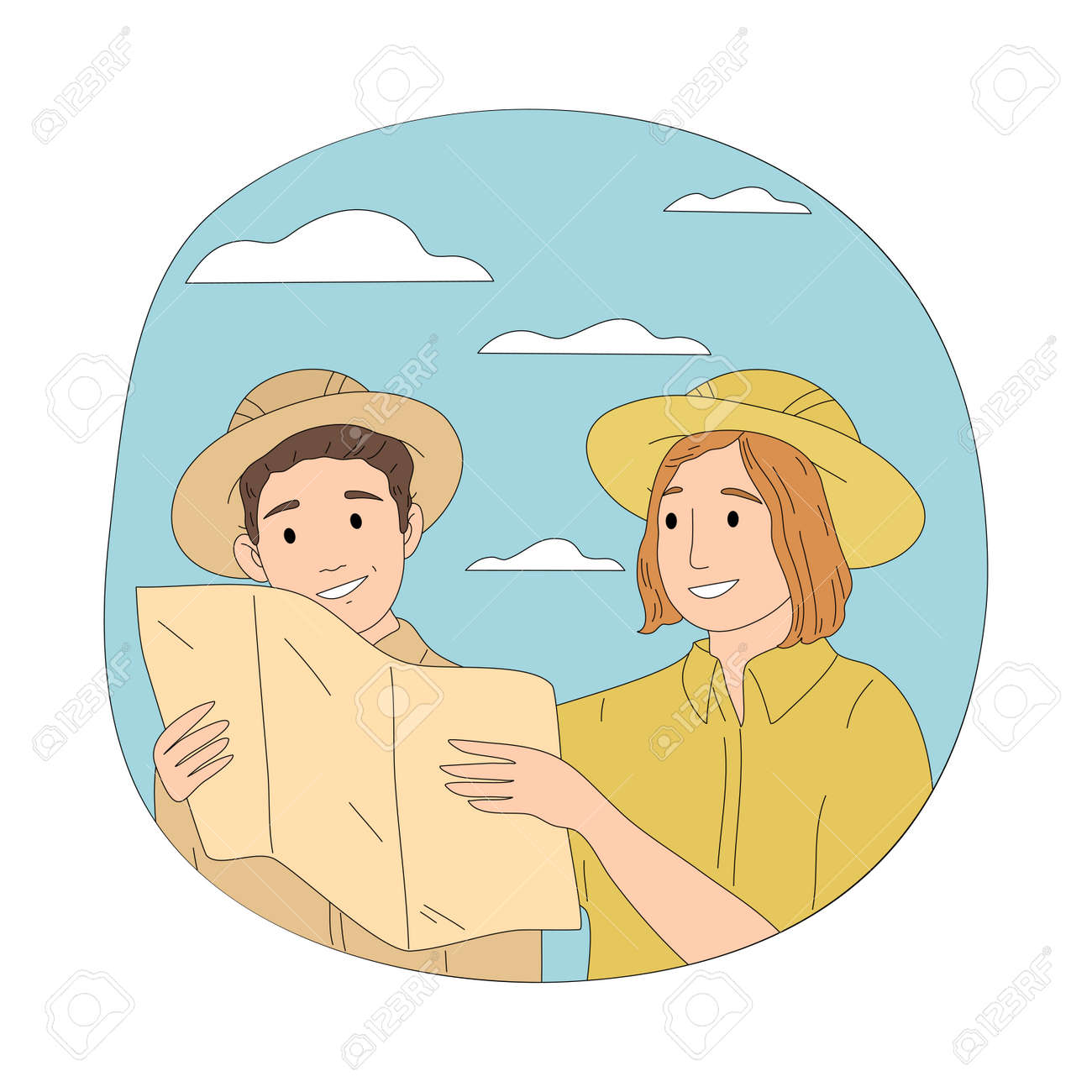 Couple tourists travelers in hats looking at map during safari trip - 164877062 Couple tourists travelers in hats looking at map during safari trip - 164877062