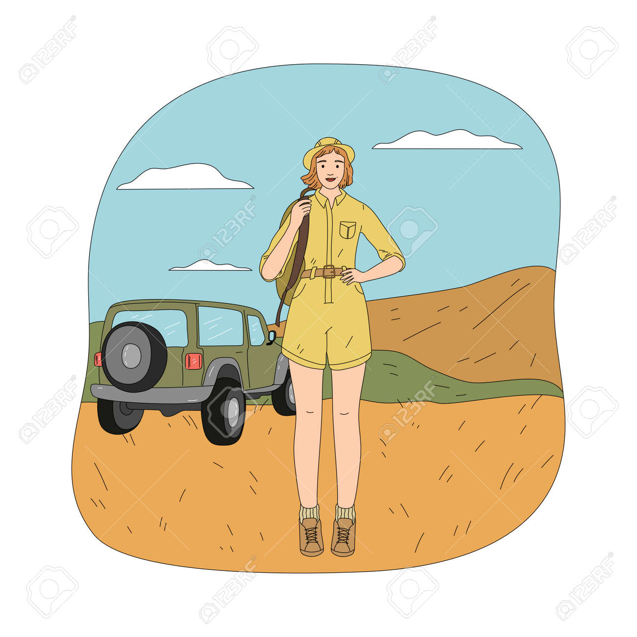 Young happy woman standing over car vehicle during safari trip - 164877063 Young happy woman standing over car vehicle during safari trip - 164877063