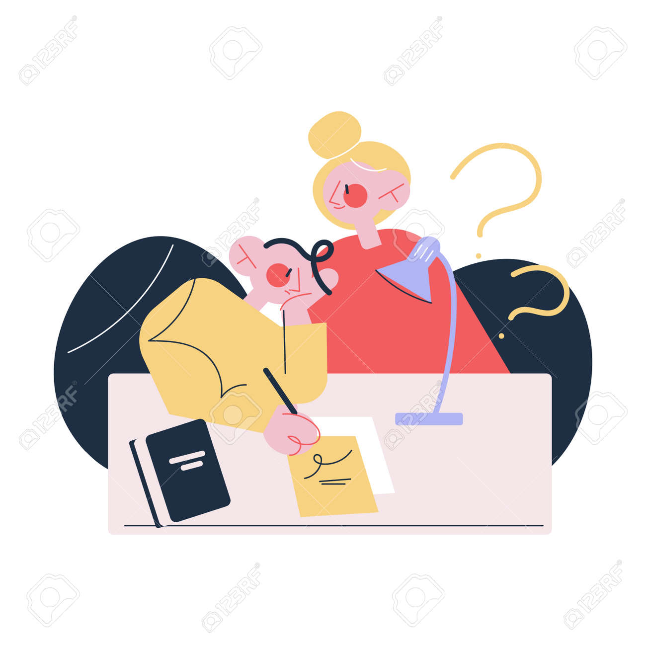 Stressed tired boy pupil doing homework with mother at home - 164877191 Stressed tired boy pupil doing homework with mother at home - 164877191