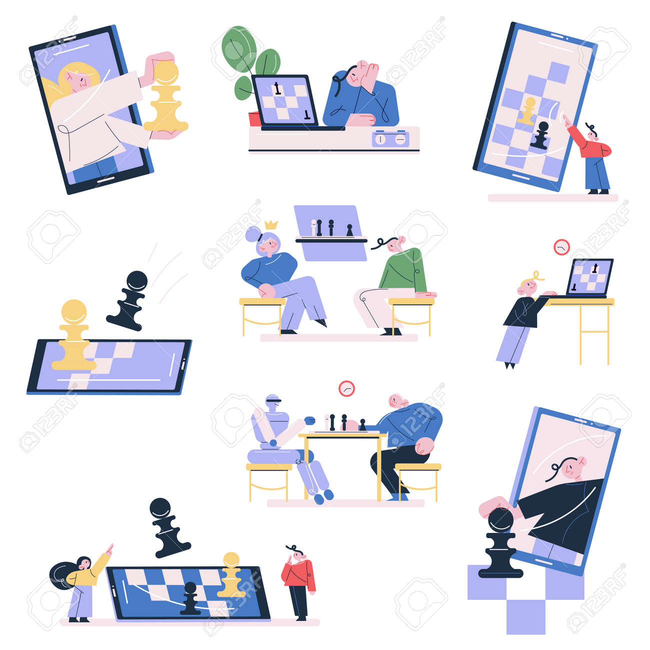 Set of people and children playing chess online on smartphones and laptops - 164877200 Set of people and children playing chess online on smartphones and laptops - 164877200