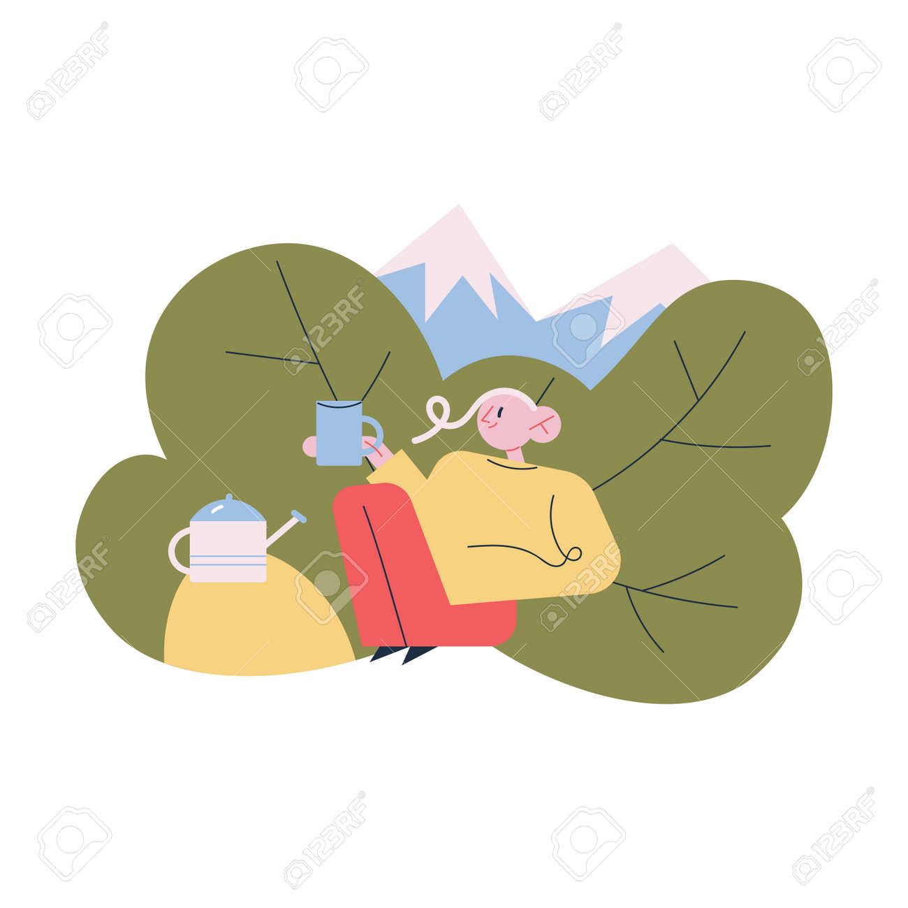 Tourist sitting relaxing enjoying cup of hot tea or coffee during traveling in mountains - 164904039 Tourist sitting relaxing enjoying cup of hot tea or coffee during traveling in mountains - 164904039