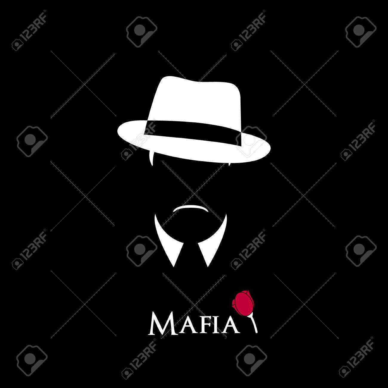 イタリアのマフィア 帽子 口ひげと襟付きの図男 黒と白のベクトル図です のイラスト素材 ベクタ Image