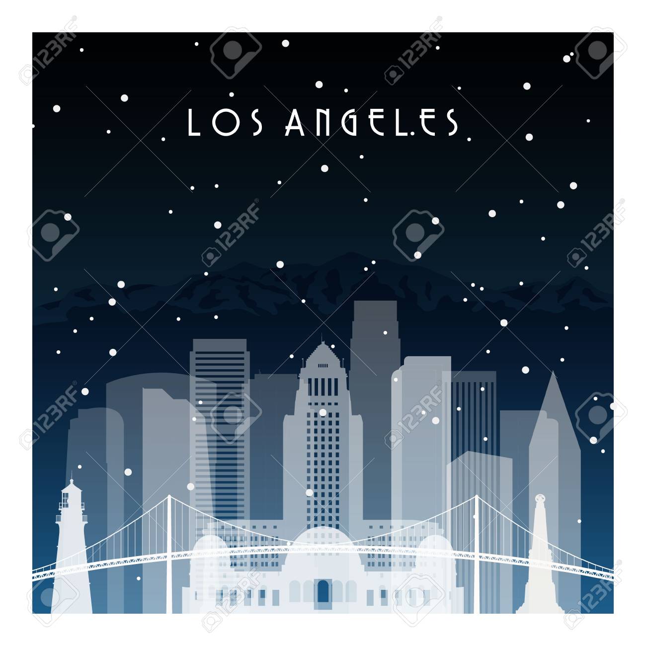 ロサンゼルスでの冬の夜 バナー ポスター イラスト 背景のフラット スタイルで夜の街 のイラスト素材 ベクタ Image