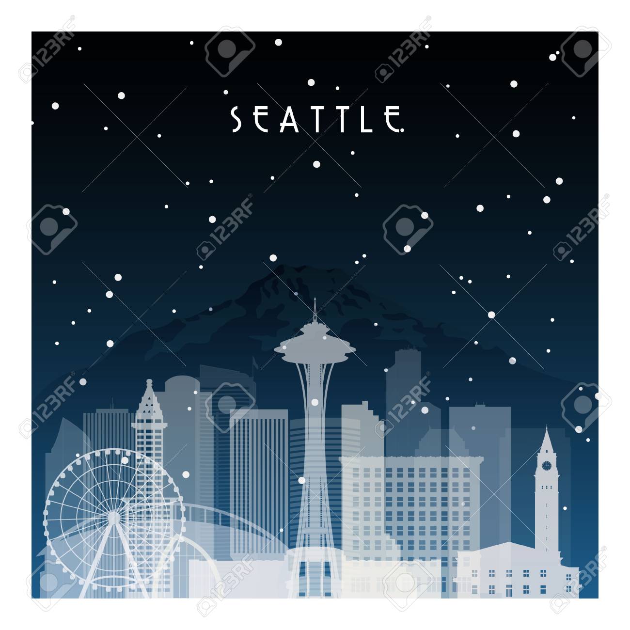 シアトルの冬の夜 バナー ポスター イラスト 背景のフラット スタイルで夜の街 のイラスト素材 ベクタ Image