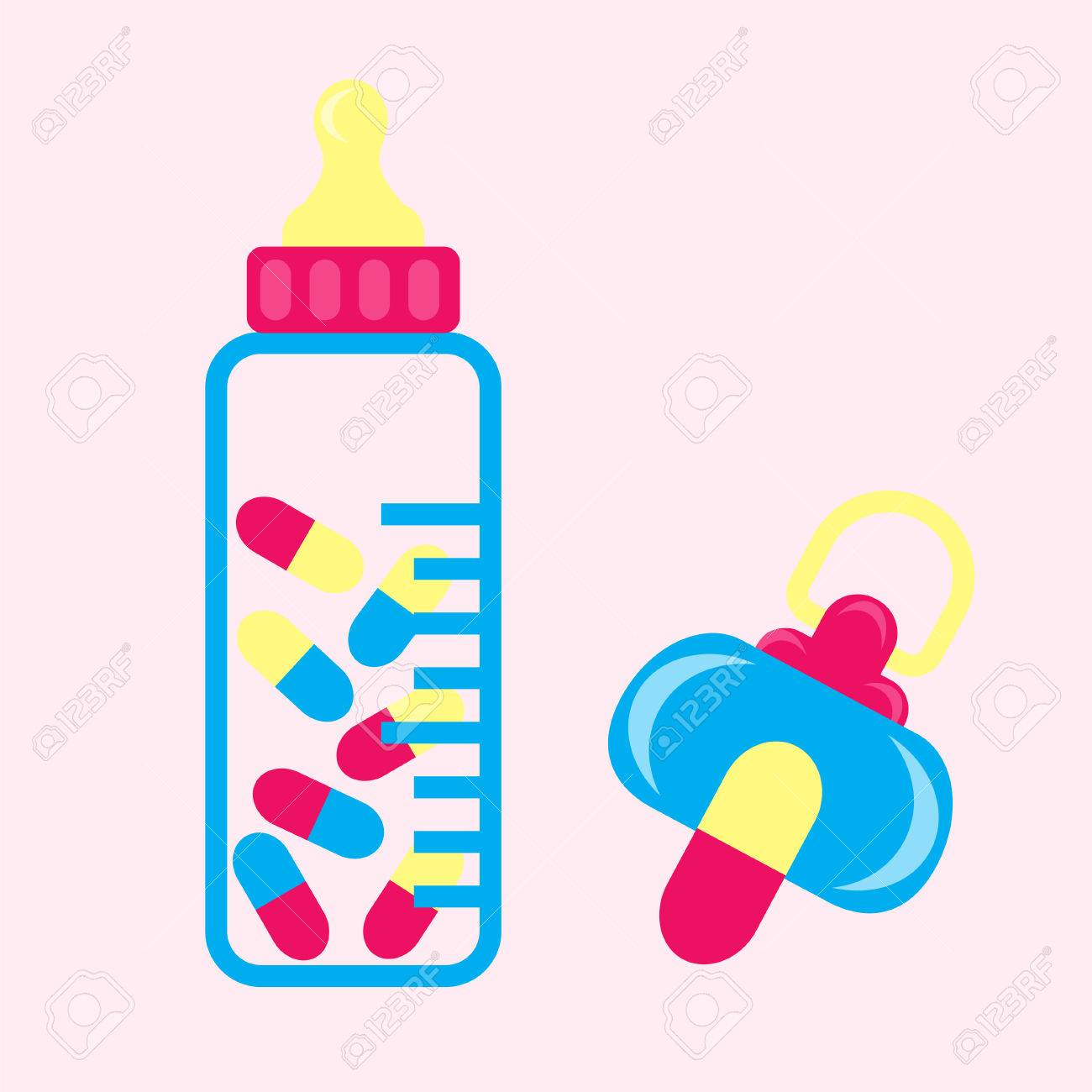 Medicaments Excessive Pour Le Concept De Bebe Avec Sucette Et Bouteille Pleine De Pilules Vector Illustration Pour La Resistance Aux Antibiotiques La Vaccination La Prescription De Medicament Pharmacie De Medicaments Pour Les