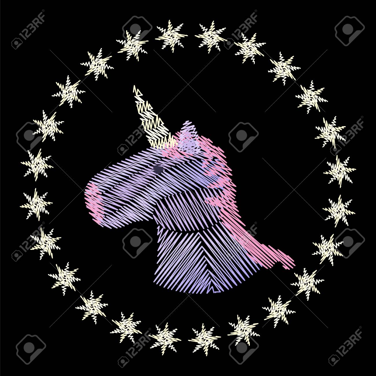 ユニコーン ヘッド刺繍黒の背景 在庫あり民俗ファンタジーおとぎ話の生き物のベクトル イラスト ガーリー スタイルのファッションの服の装飾のための装飾 のイラスト素材 ベクタ Image