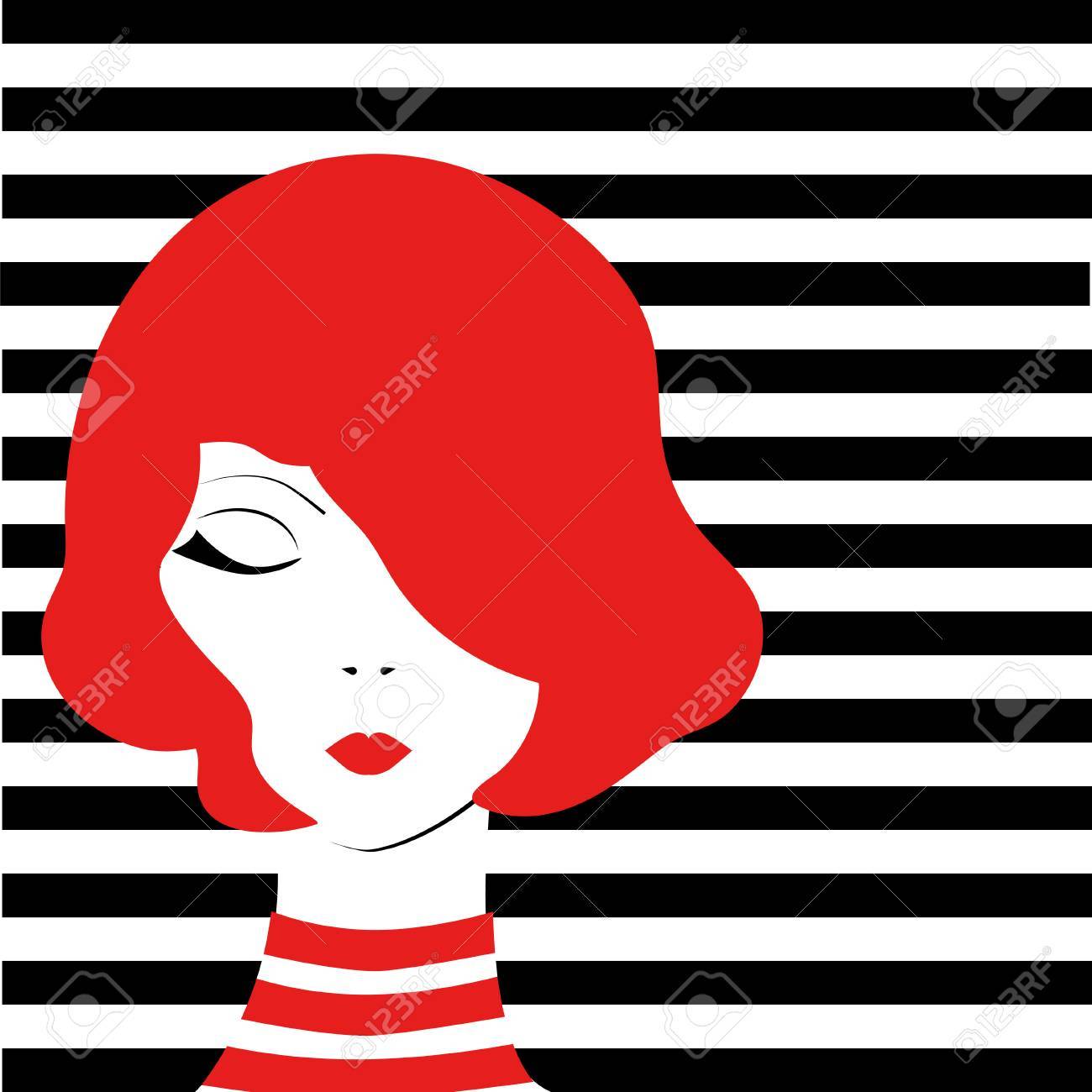 redhead fashion pop art girl on black and white stripped background