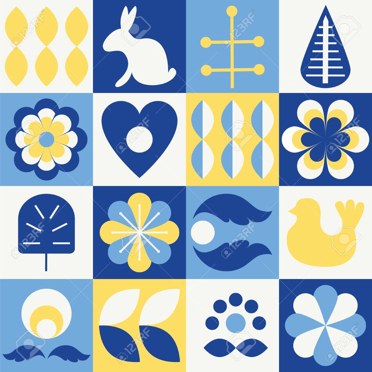 スカンジナビア民族スタイルパターンセット フィンランドの北欧スウェーデンの北欧の花の要素を青と黄色の色でストックベクトルイラスト の写真素材 画像素材 Image