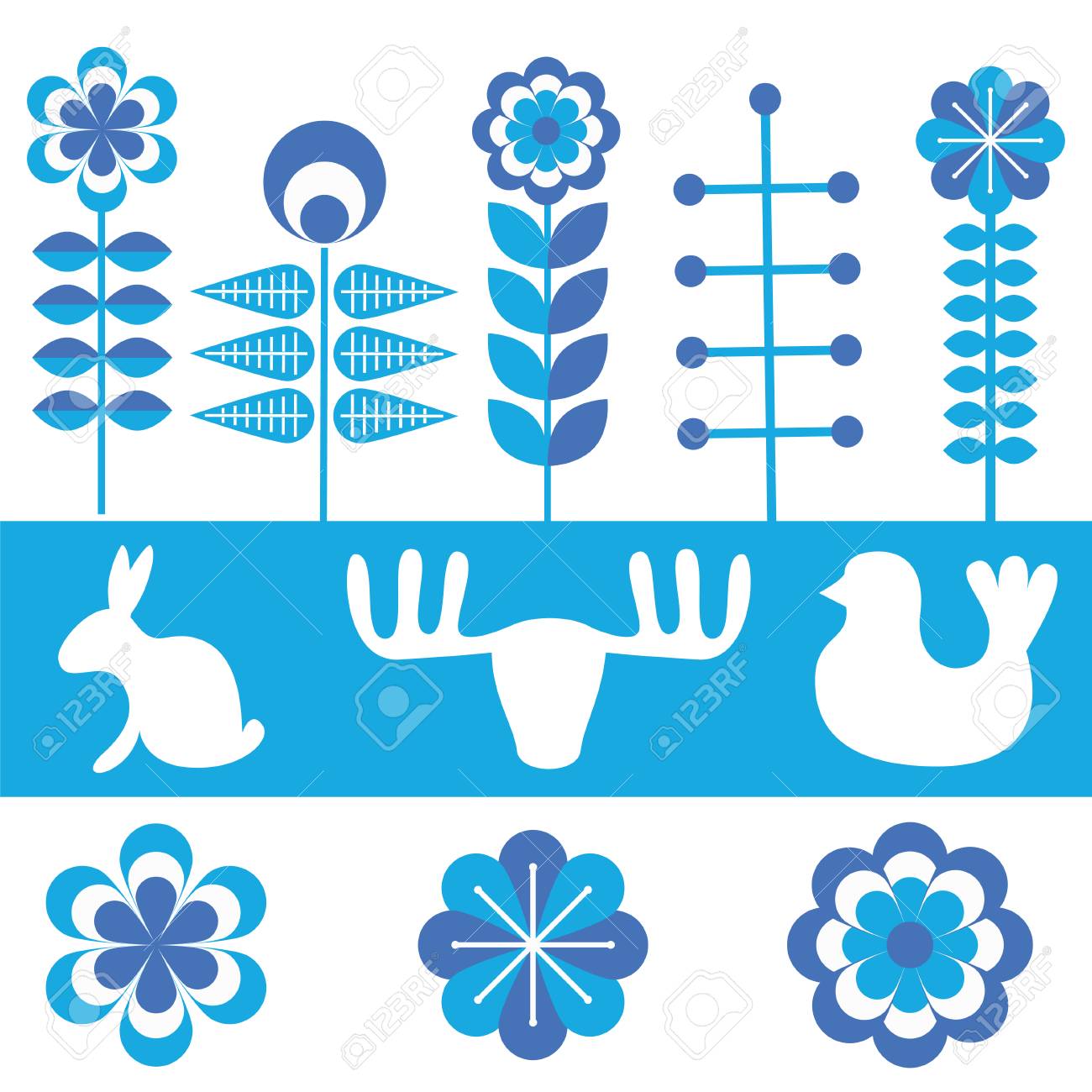 スカンジナビア民族スタイルパターンセット フィンランドの北欧スウェーデンの北欧の花の要素を白と青の色でストックベクトルイラスト のイラスト素材 ベクタ Image