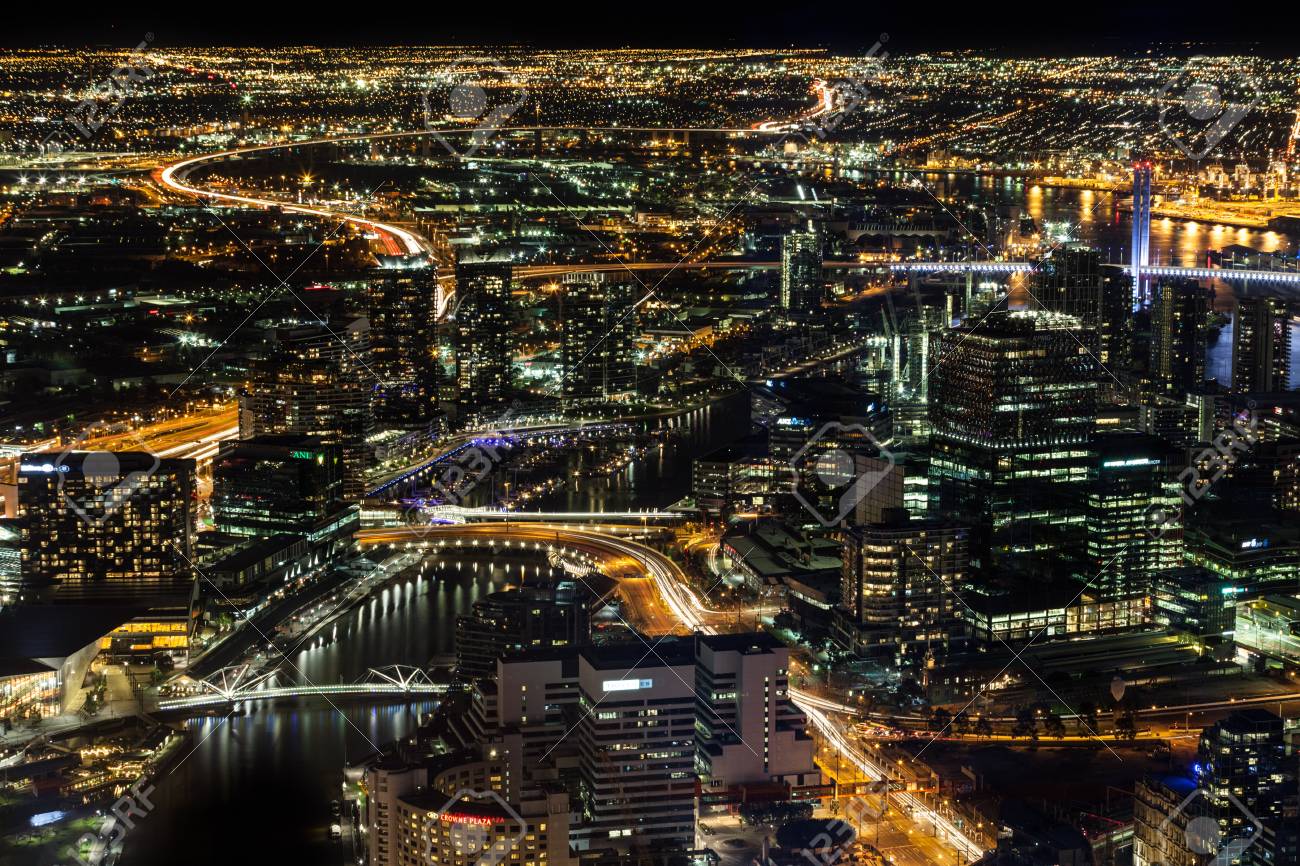 Aerial Night View Of Melbourne Cbd And Yarra River Melbourne