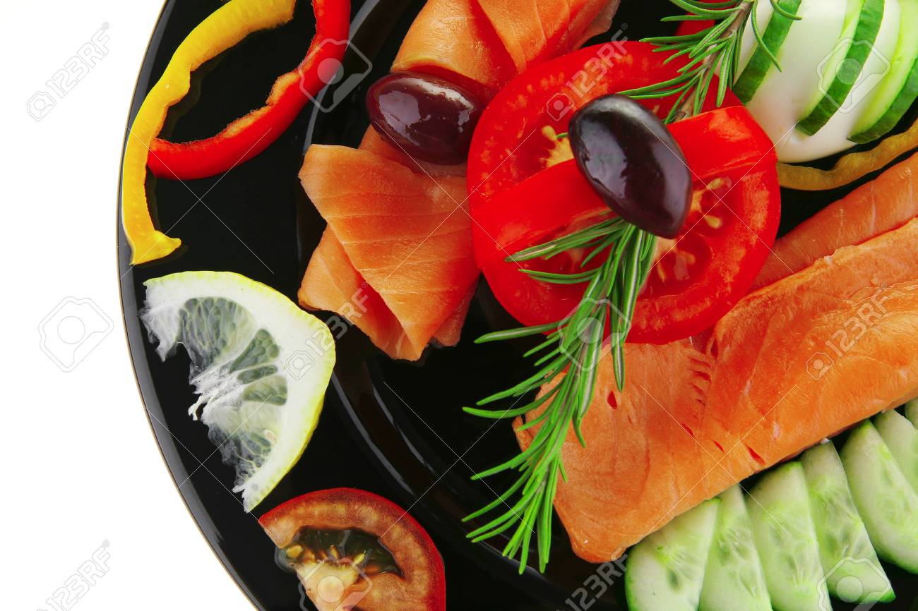 image of served salmon slices with tomatoes and peppers - 8051940 image of served salmon slices with tomatoes and peppers - 8051940