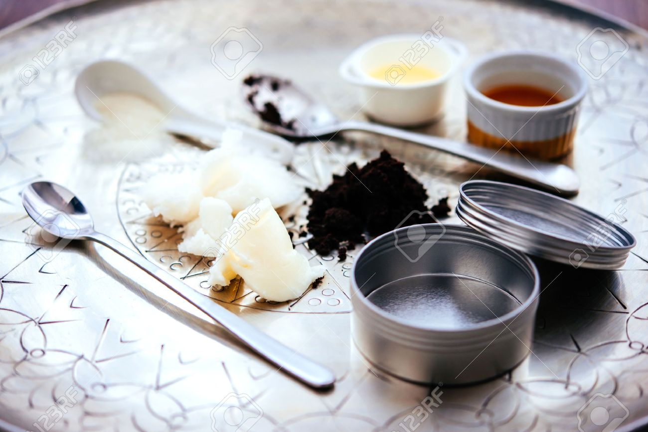 Handmade cosmetic ingredients - coconut and shea tree butter, olive oil, round coffee and sugar. Organic scrub and body cream. - 55423498 Handmade cosmetic ingredients - coconut and shea tree butter, olive oil, round coffee and sugar. Organic scrub and body cream. - 55423498