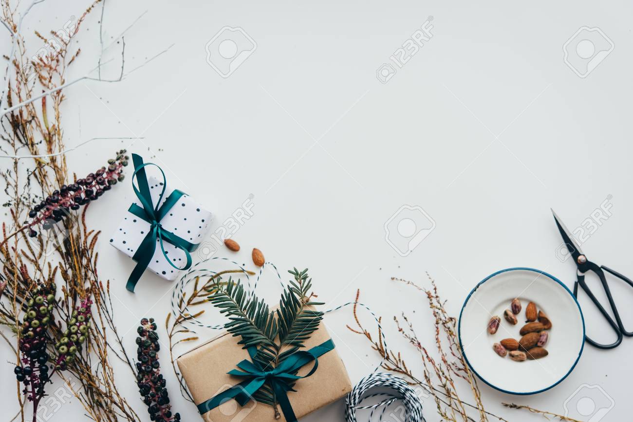 Christmas or New year gift packing. Holiday decor concept. Top view with copy space - 89858651 Christmas or New year gift packing. Holiday decor concept. Top view with copy space - 89858651