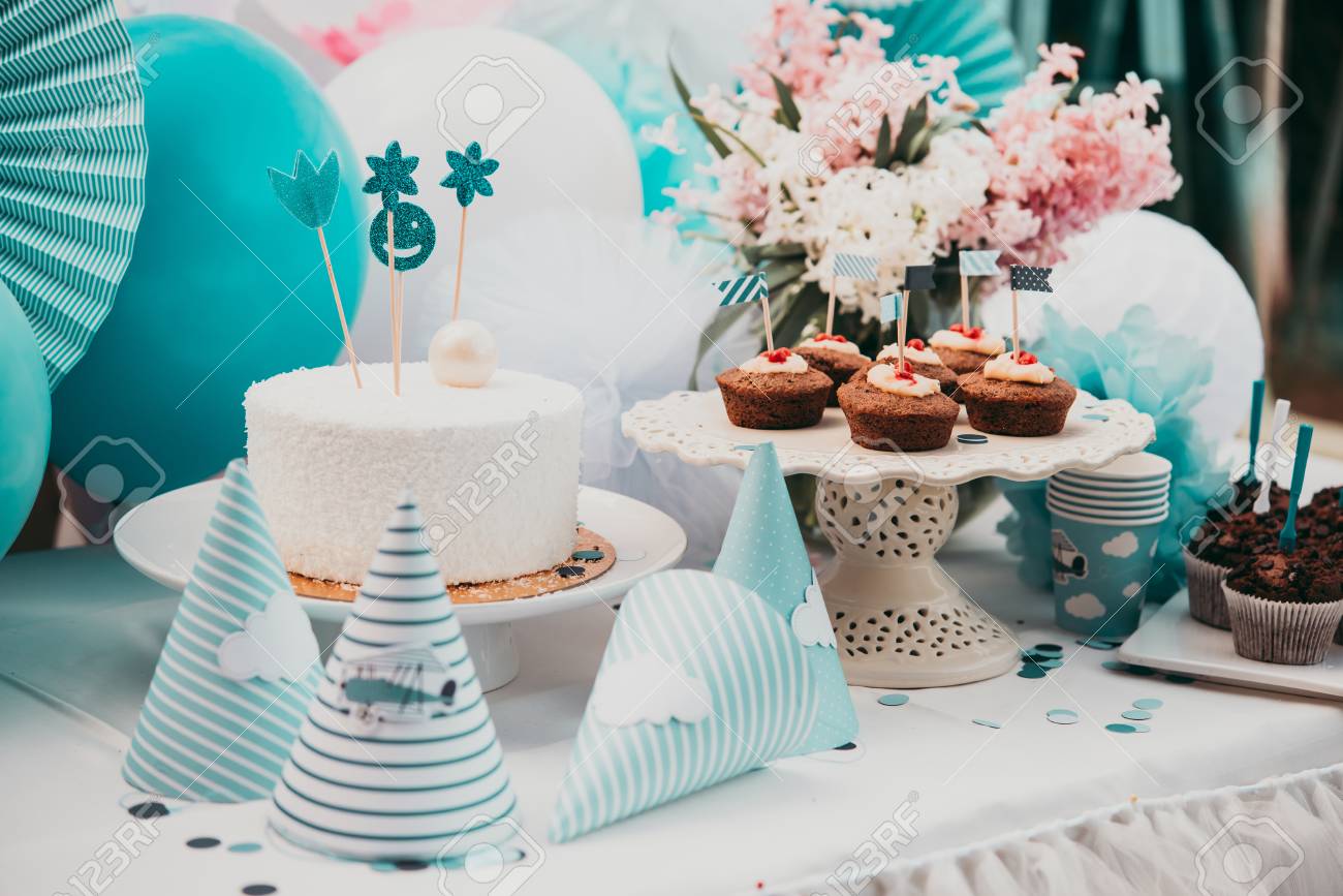 Kids Birthday Party Table Decoration Stock Photo
