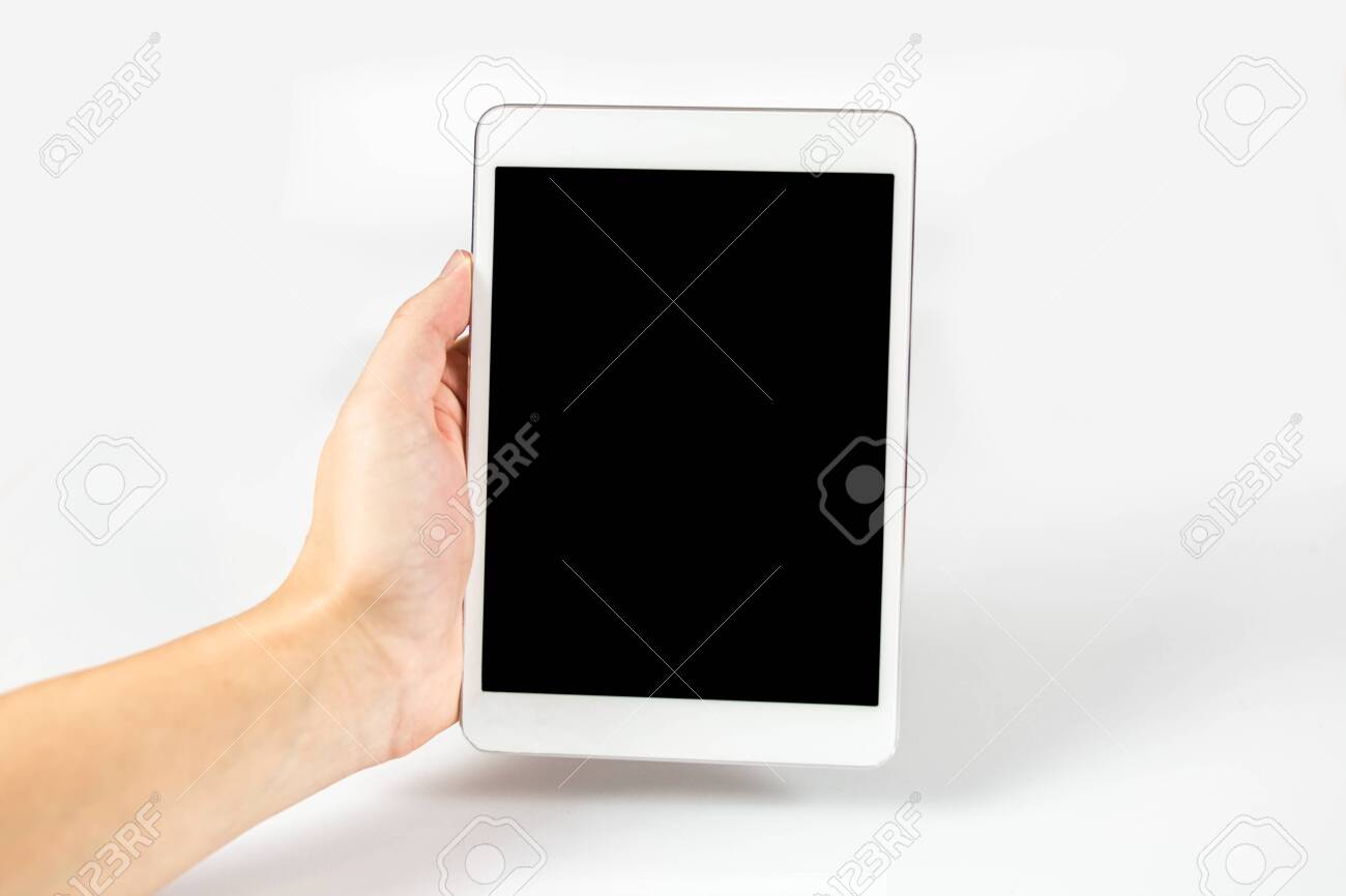 Digital tablet in one hand, on a white background, isolated - 123294242 Digital tablet in one hand, on a white background, isolated - 123294242