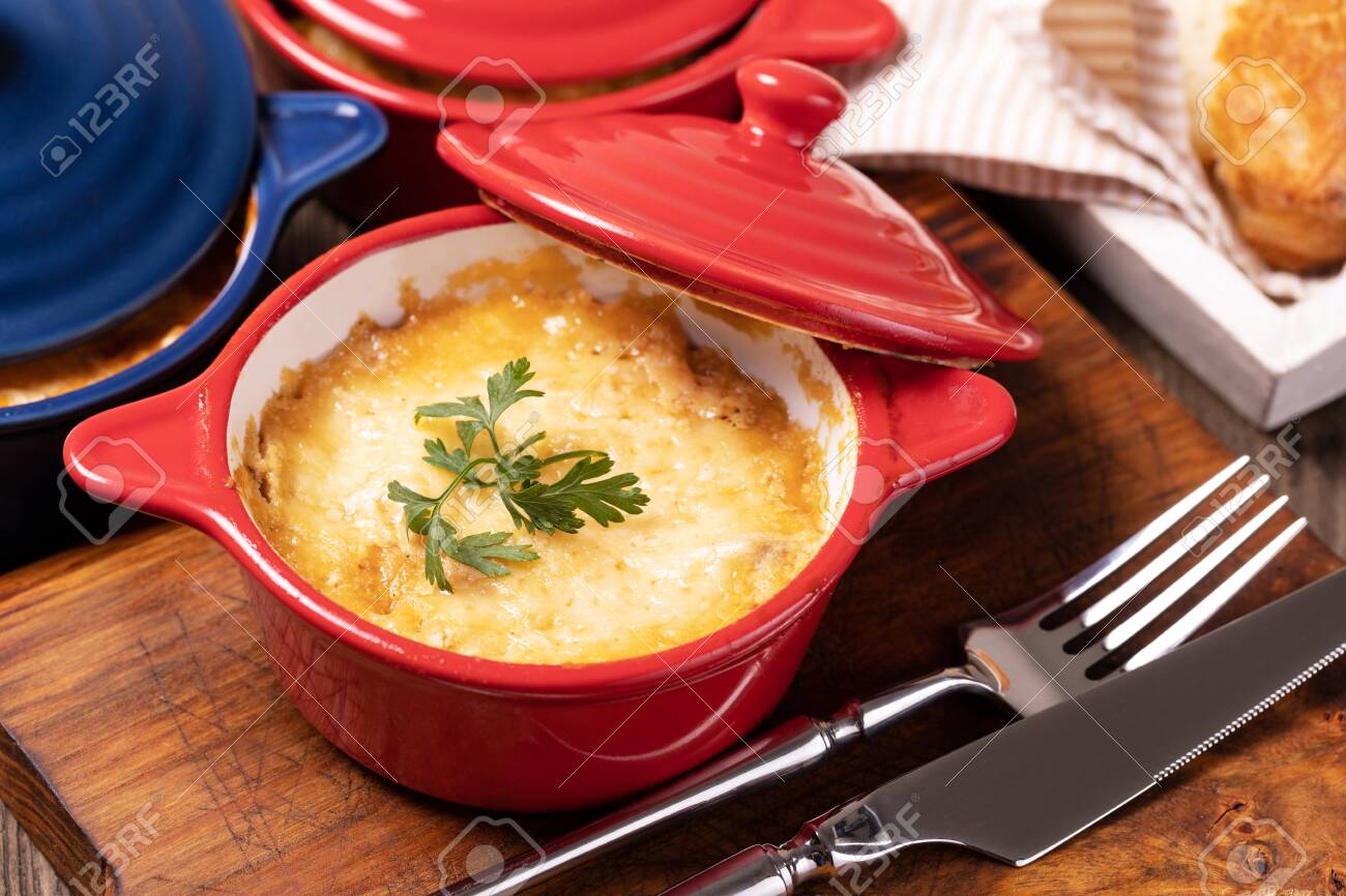 Baked Mushroom Julienne With Chicken And Cheese In Pots Stock Photo Picture And Royalty Free Image Image 133067234