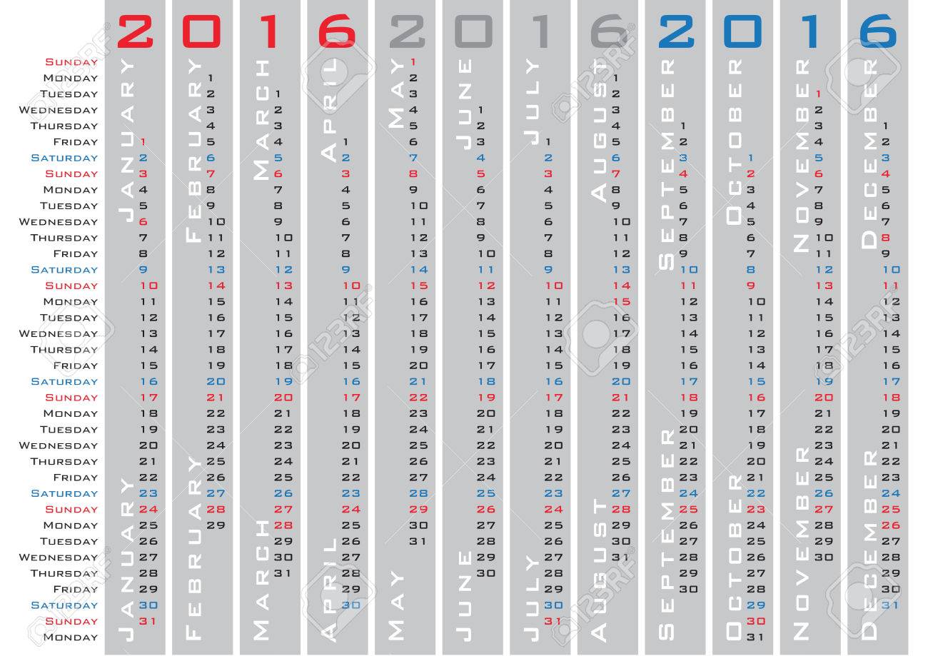 vertical days calendar 2016 english language royalty free cliparts