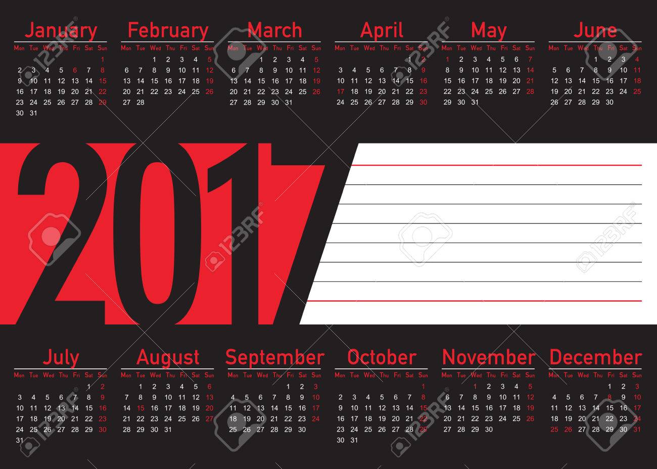 2017 horizontal calendar with lines to write royalty free cliparts
