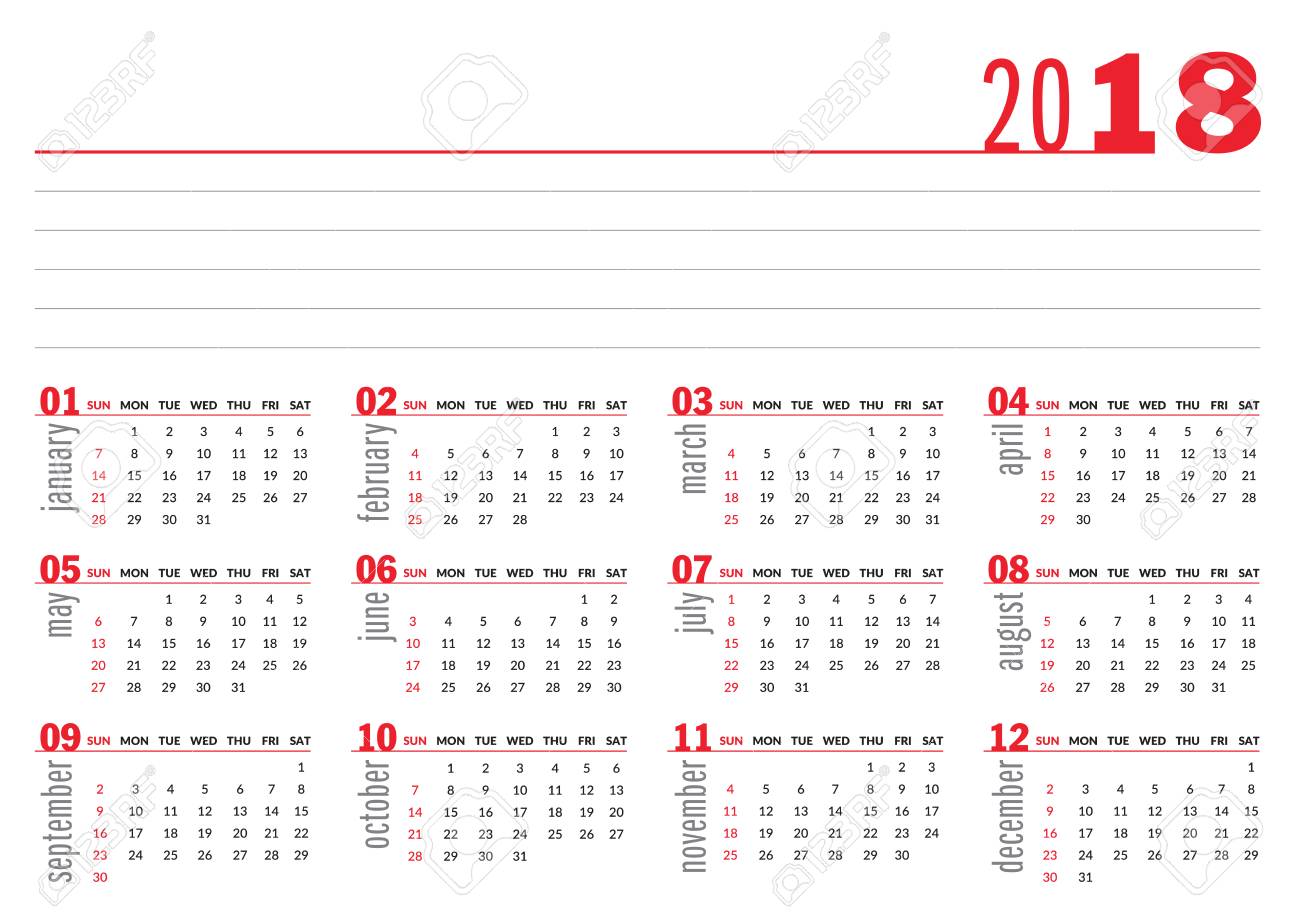 2018 basic calendar in black red grey and white royalty free