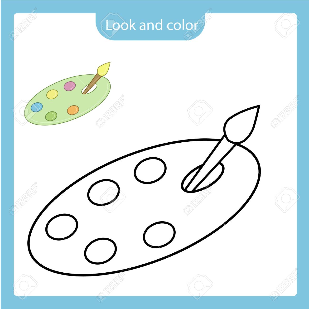Look And Color Coloring Page Outline Of Brush And Paint On The Palette Toy With Example Simple Shapes Vector Illustration Coloring Book For Kids Royalty Free Cliparts Vectors And Stock Illustration Image