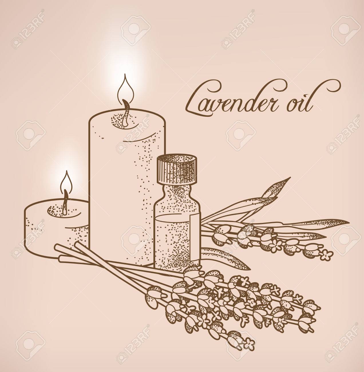 Illustration of lavender essential oil and candles - 38642640 Illustration of lavender essential oil and candles - 38642640