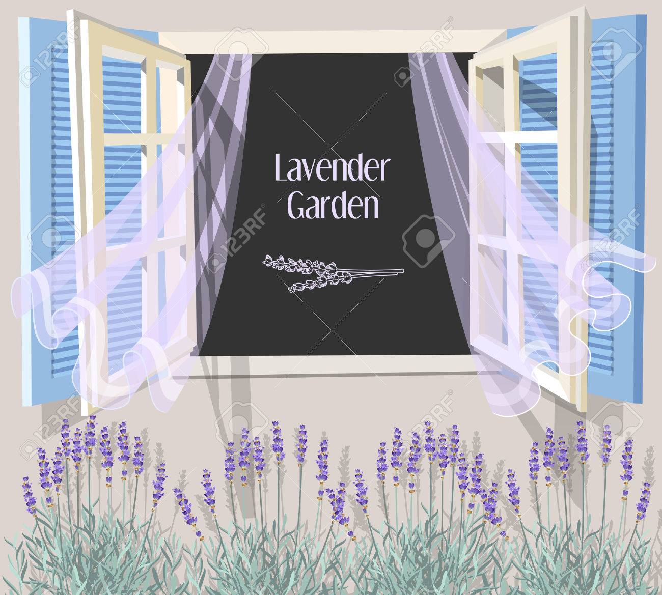 Illustration of open window with blue shutters and lavender - 45020190 Illustration of open window with blue shutters and lavender - 45020190