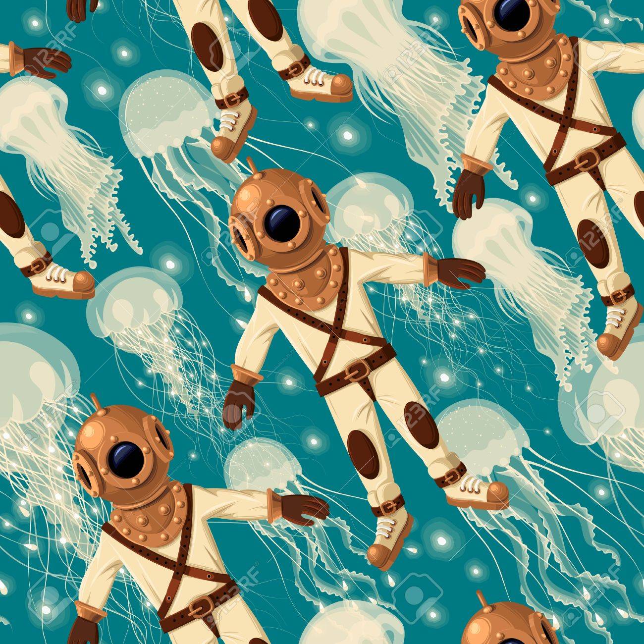 Vintage diver and jellyfish vector seamless background - 50999441 Vintage diver and jellyfish vector seamless background - 50999441