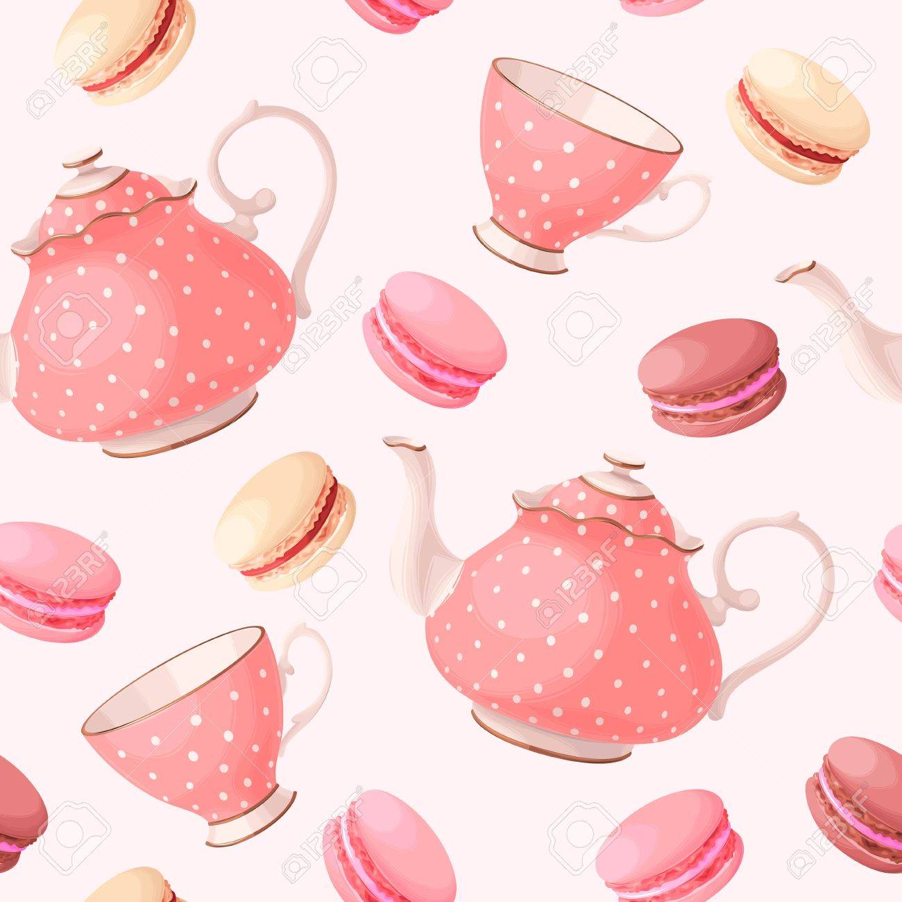 Vintage tea pots, cups and macaron vector seamless background - 63388709 Vintage tea pots, cups and macaron vector seamless background - 63388709