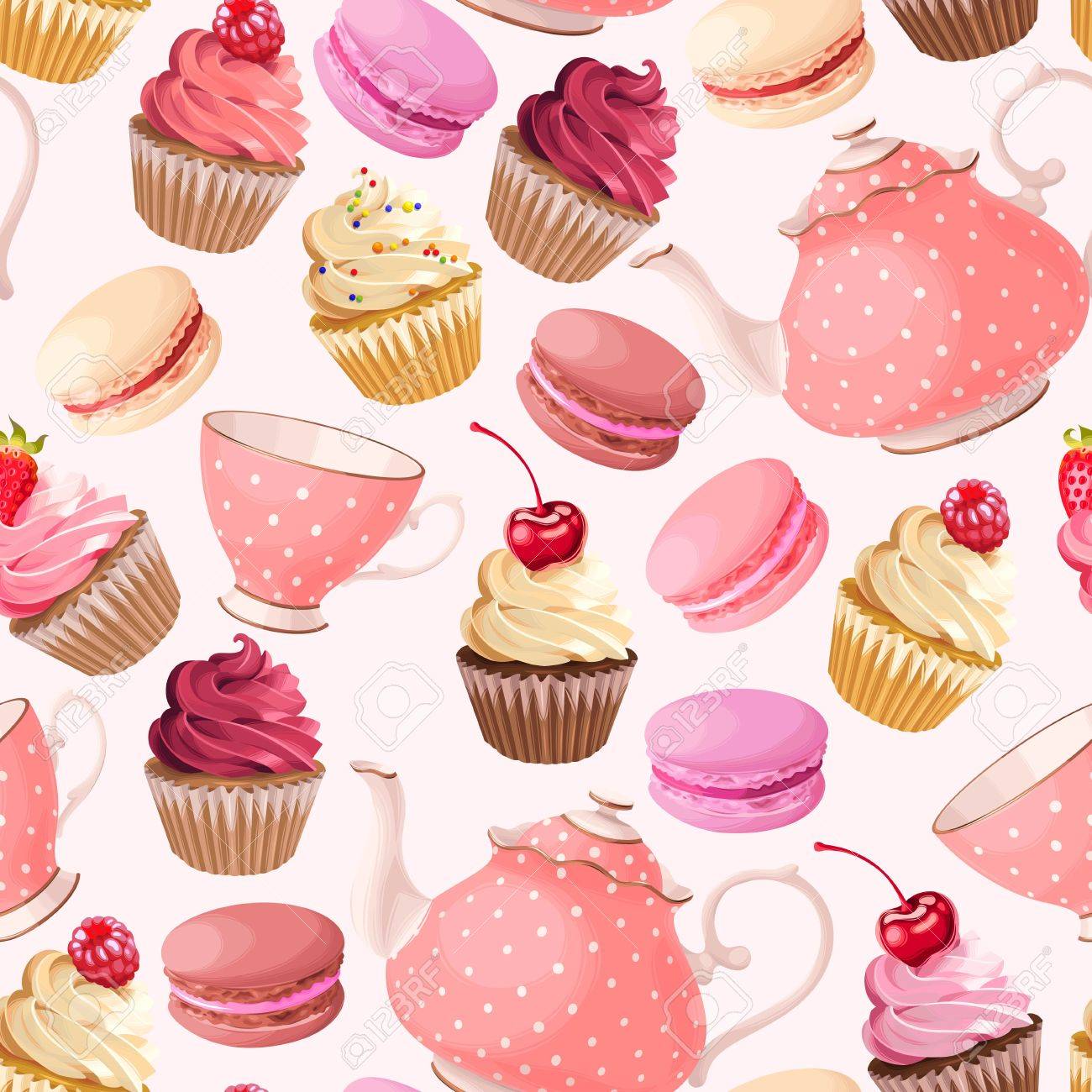 Teaparty with cupcakes and macarons vector seamless background - 63430585 Teaparty with cupcakes and macarons vector seamless background - 63430585