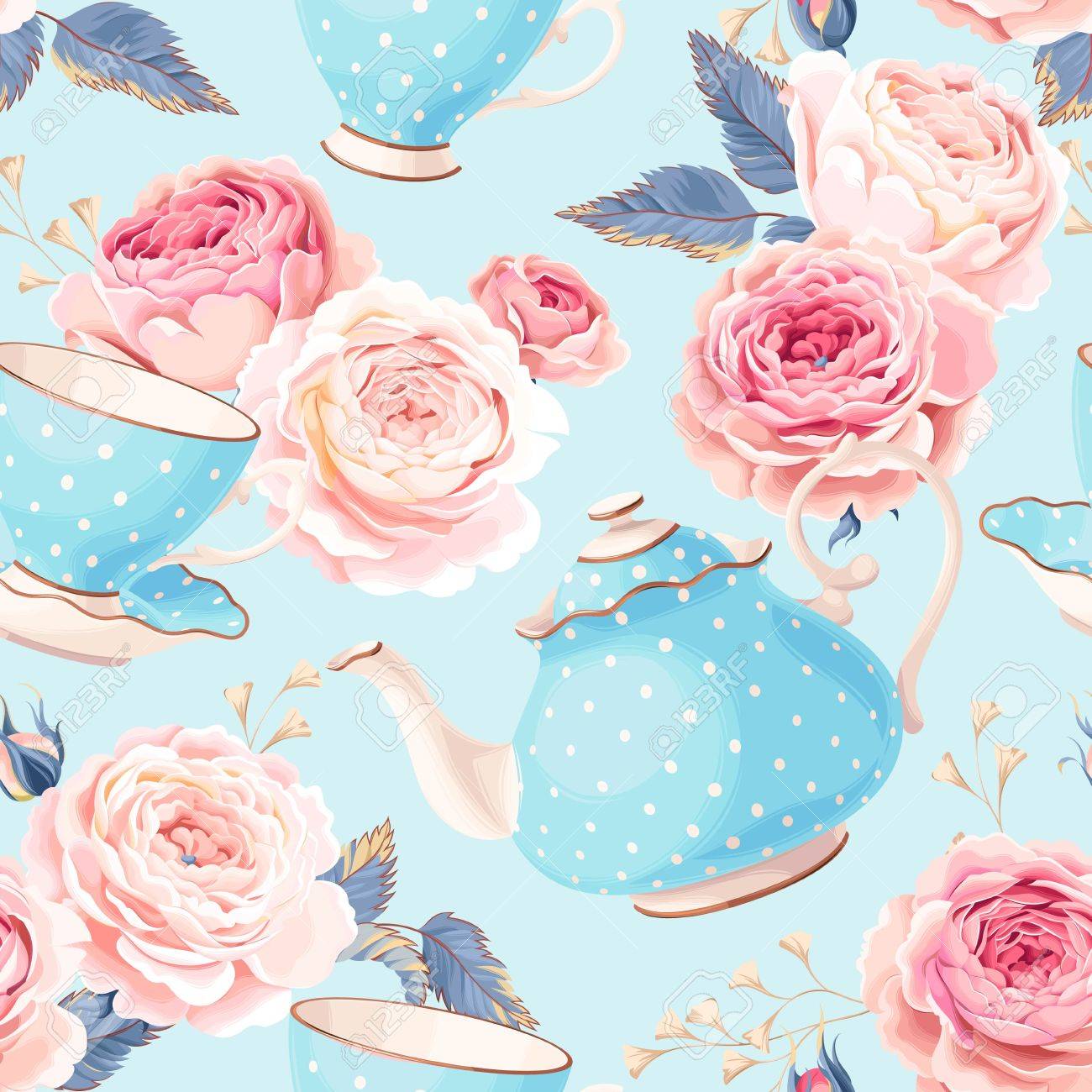 Vintage teapots, cups and flowers vector seamless background - 63794935 Vintage teapots, cups and flowers vector seamless background - 63794935