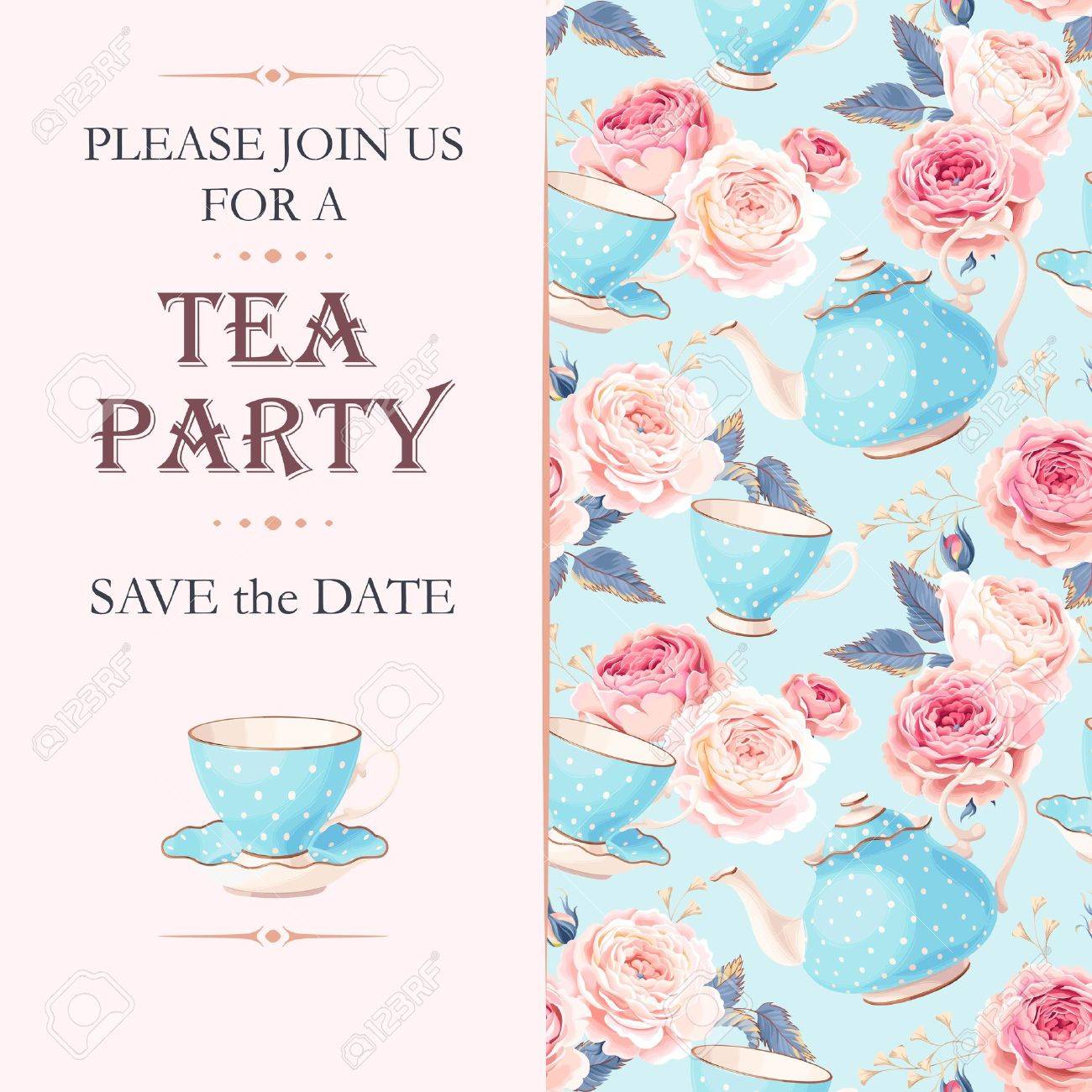 vector tea party invitation with cups and flowers tea invitation