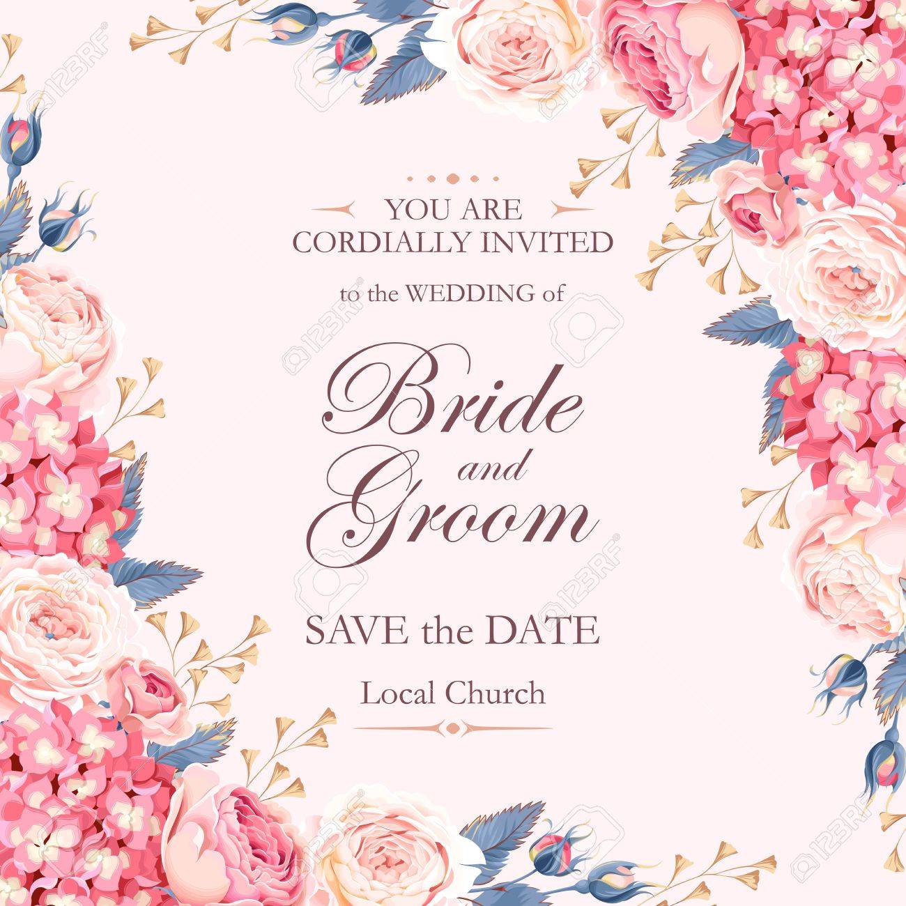 vector vintage wedding invitation decorated with roses and hydrangea