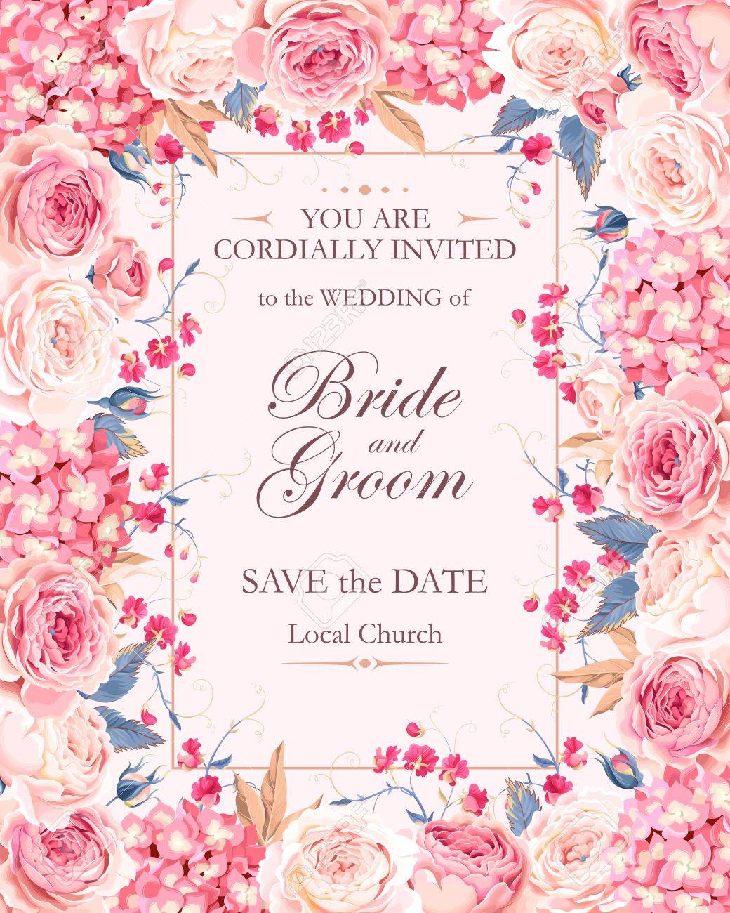 Vector vintage wedding invitation decorated with roses and hydrangea - 67378273 Vector vintage wedding invitation decorated with roses and hydrangea - 67378273
