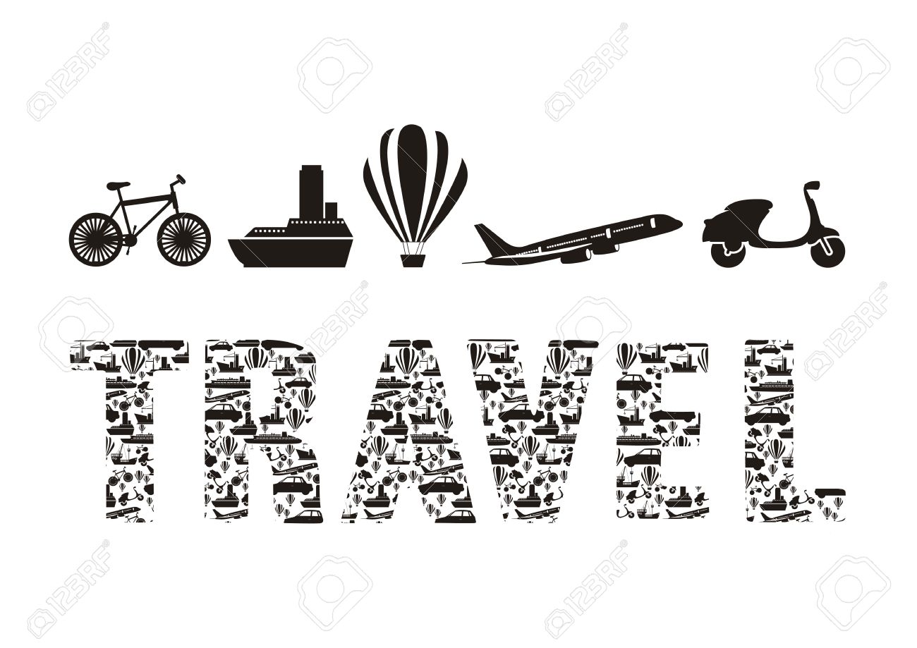 illustration of the word travel formed with transportation icons