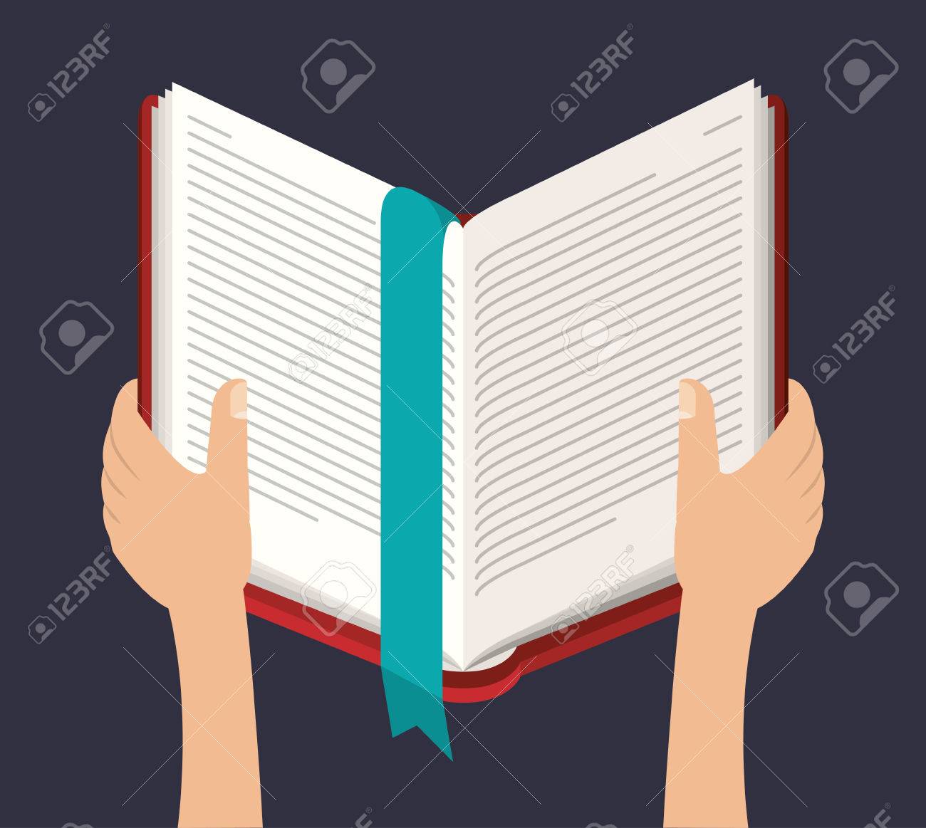 本は手のアイコンで開きます 教育知識の学習と研究のテーマです カラフルなデザイン ベクトル図のイラスト素材 ベクタ Image