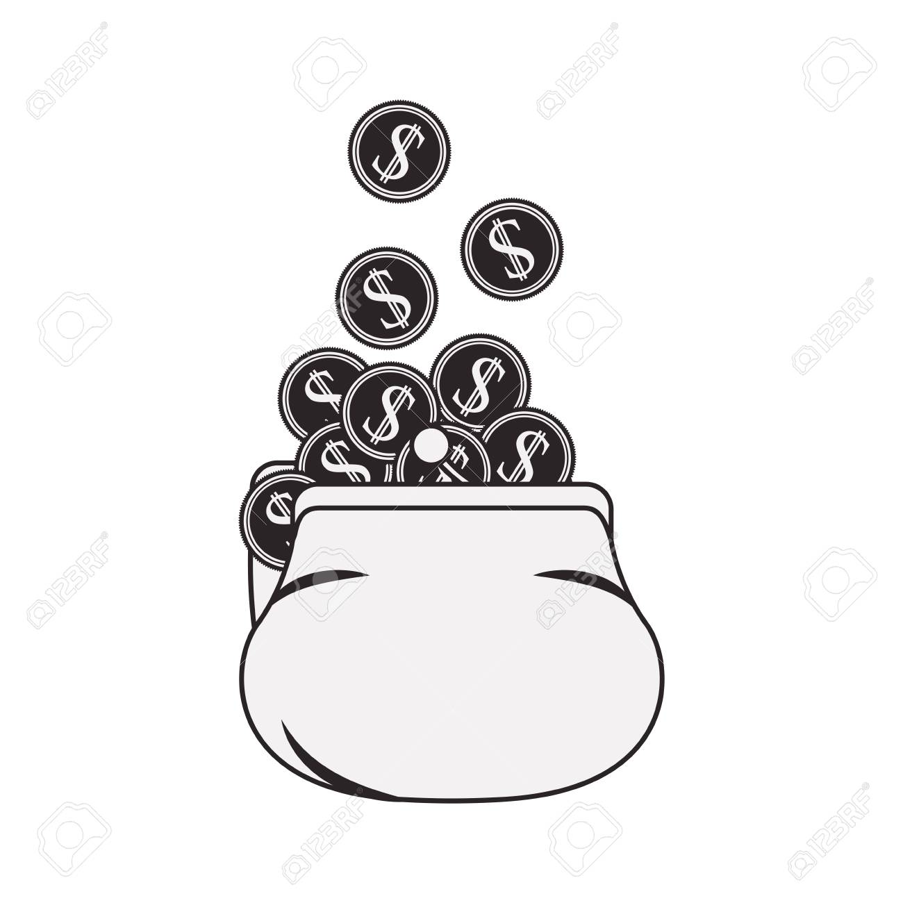 白い背景の上のコイン アイコン シルエットでお金の袋。ベクトル図のイラスト素材・ベクター Image 64454680