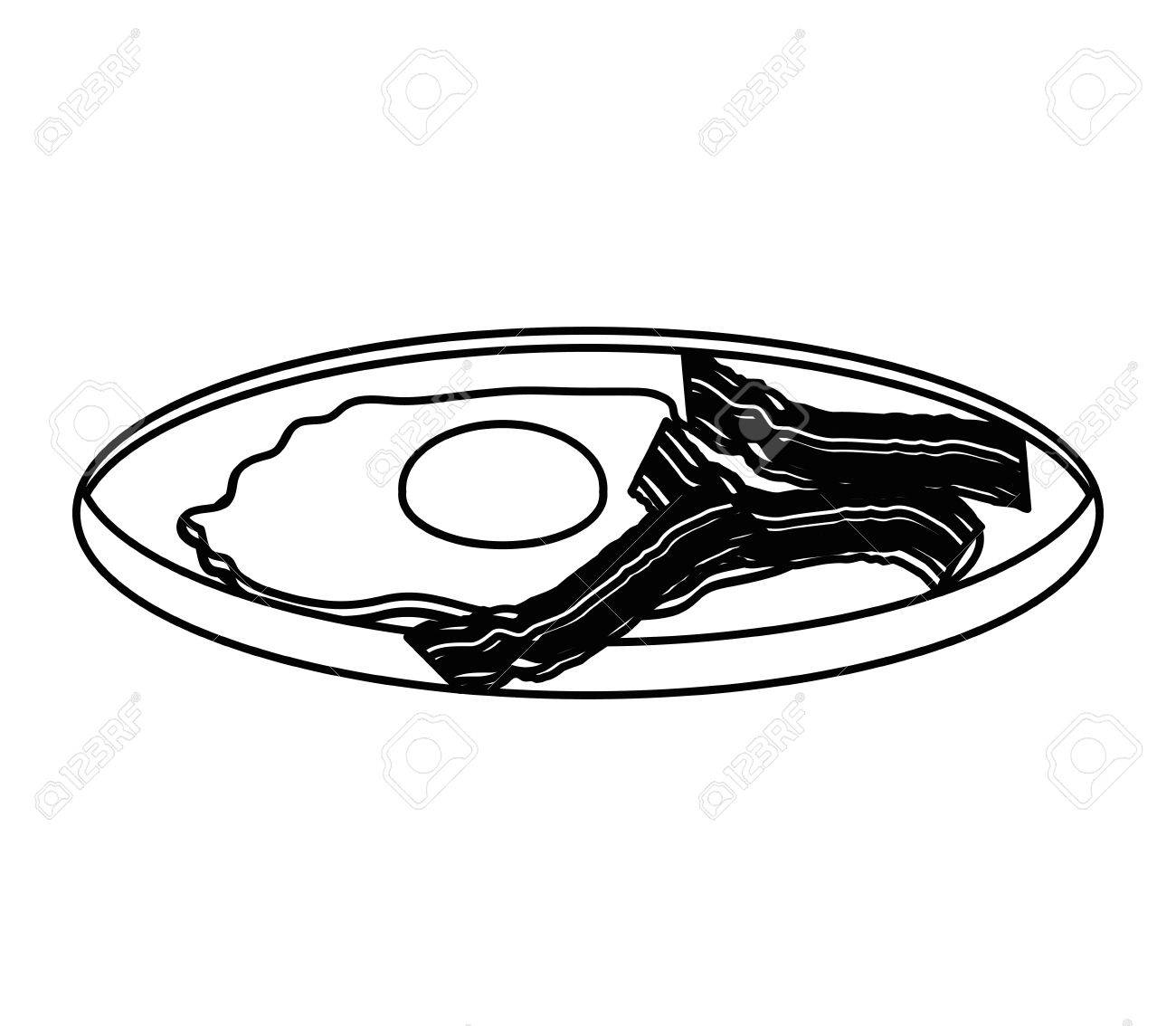 ベーコンと卵のベクトル図が付いている皿のシルエット モノクロ のイラスト素材 ベクタ Image