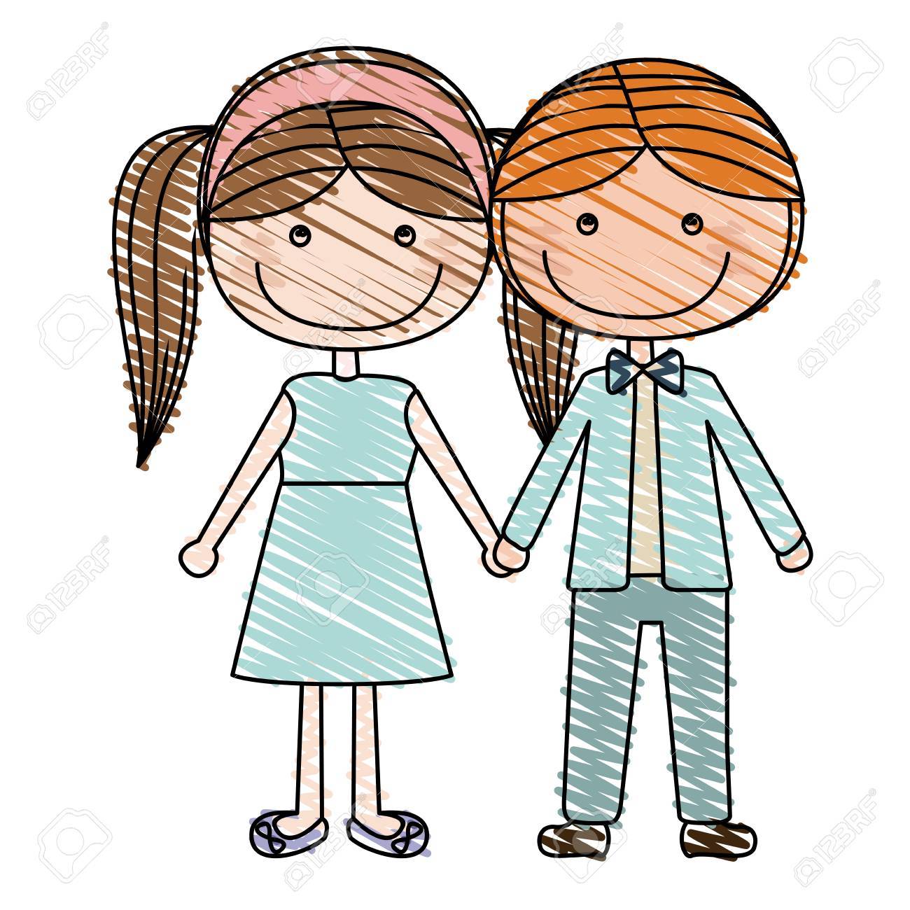 Color Pencil Drawing Of Caricature Blond Guy Hair And Girl Pigtails