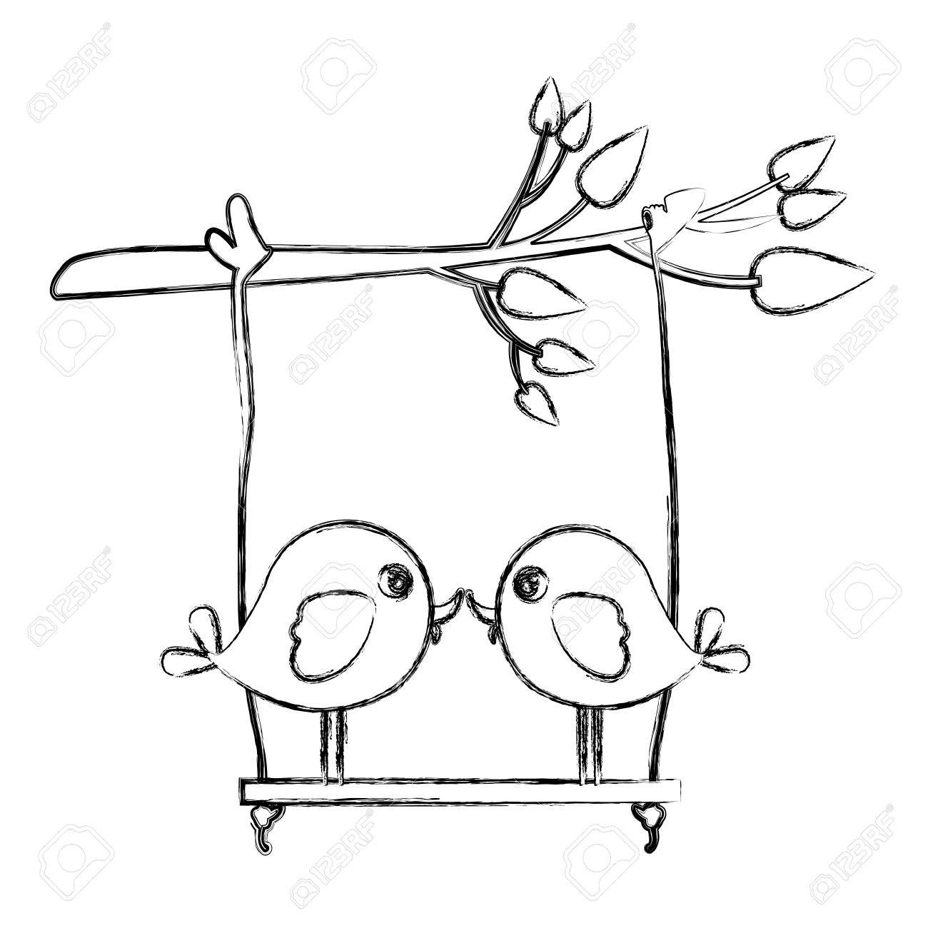 Monochrome Sketch Of Tree Branch With Swing And Couple Of Birds