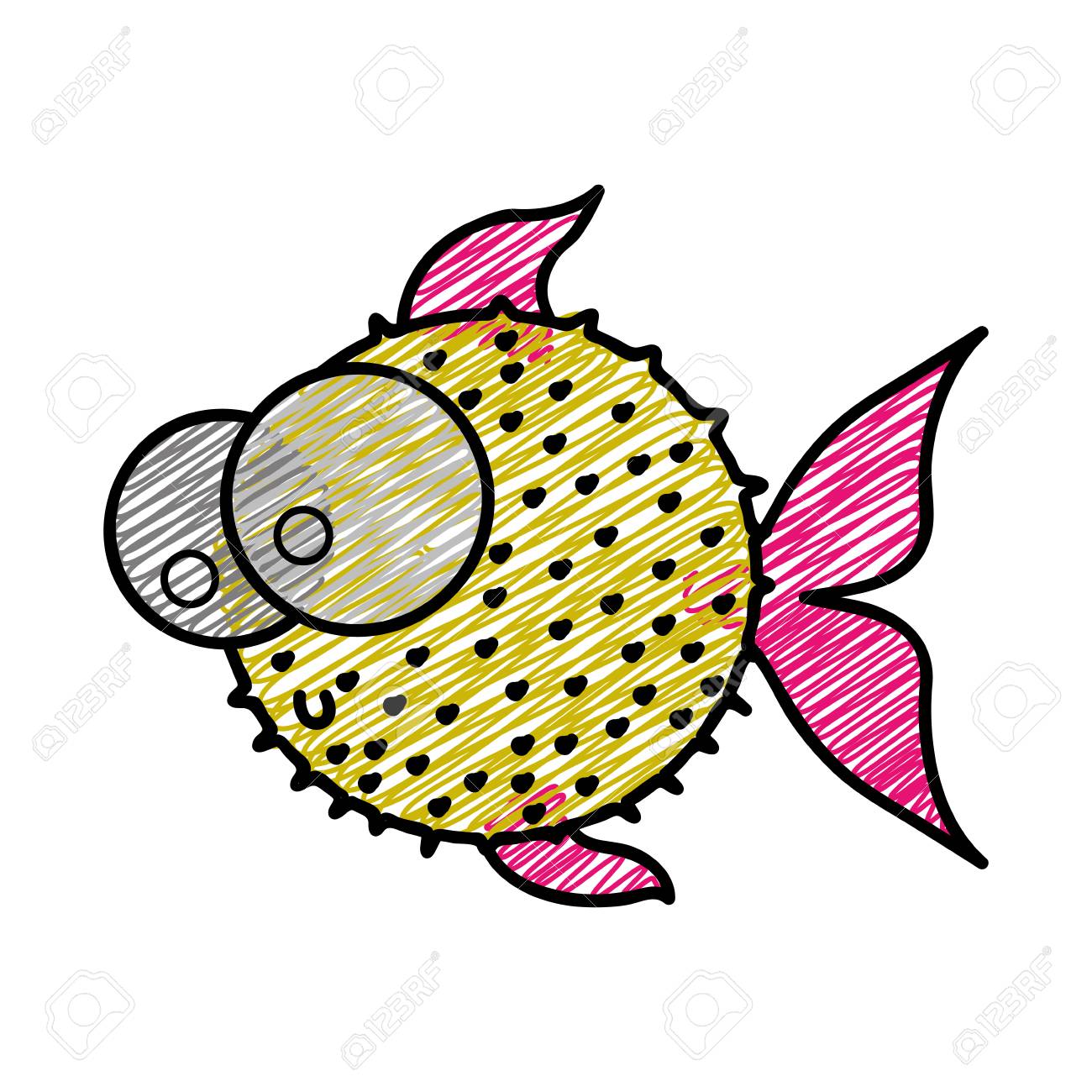 color pencil drawing of blowfish with big eyes vector illustration