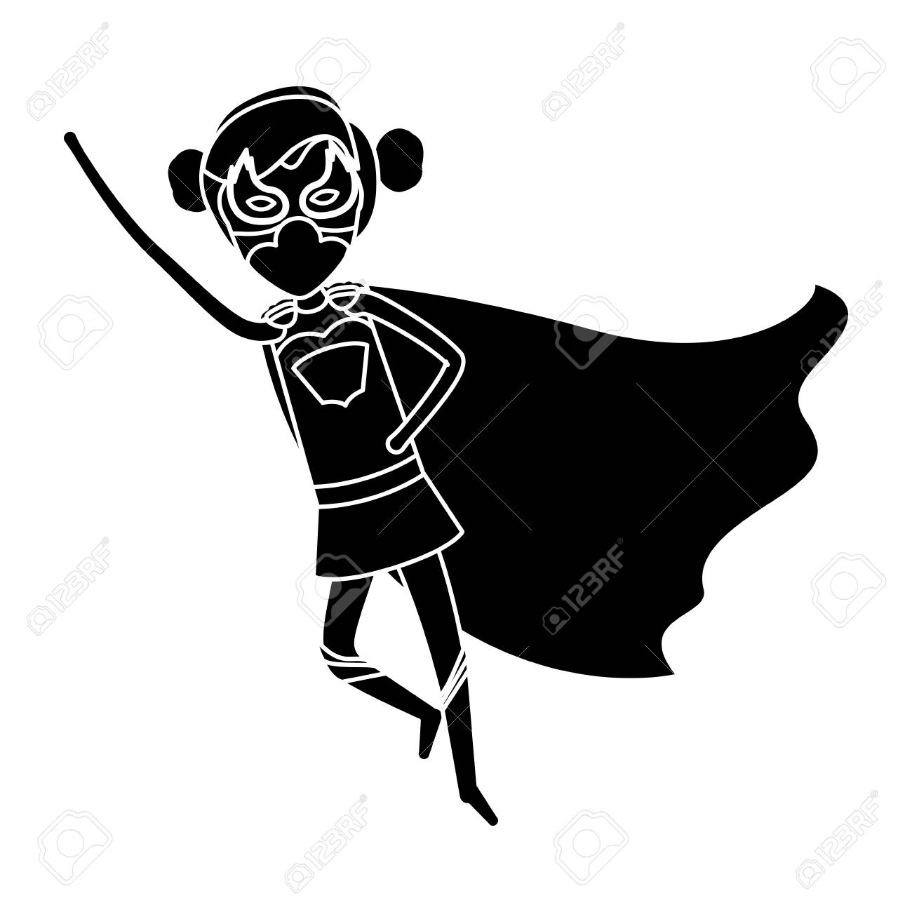 収集した髪のベクトル図と飛んでシルエット黒正面 Superheroin 女性のイラスト素材 ベクタ Image