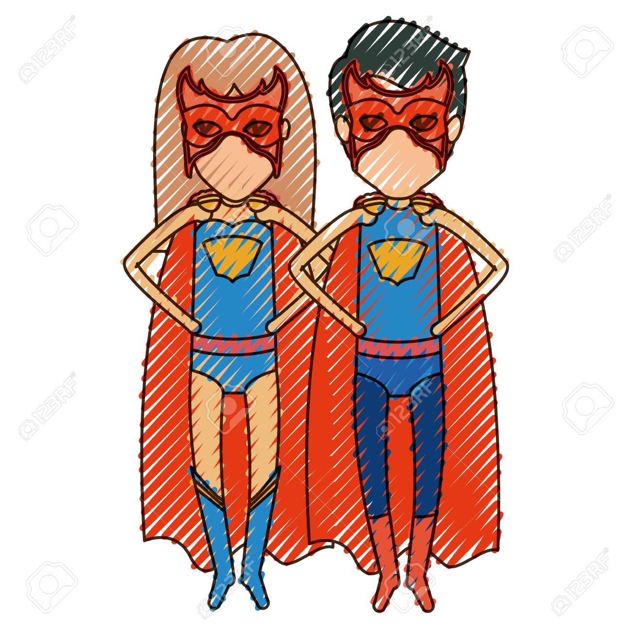 colored pencil silhouette with faceless couple of superheroes