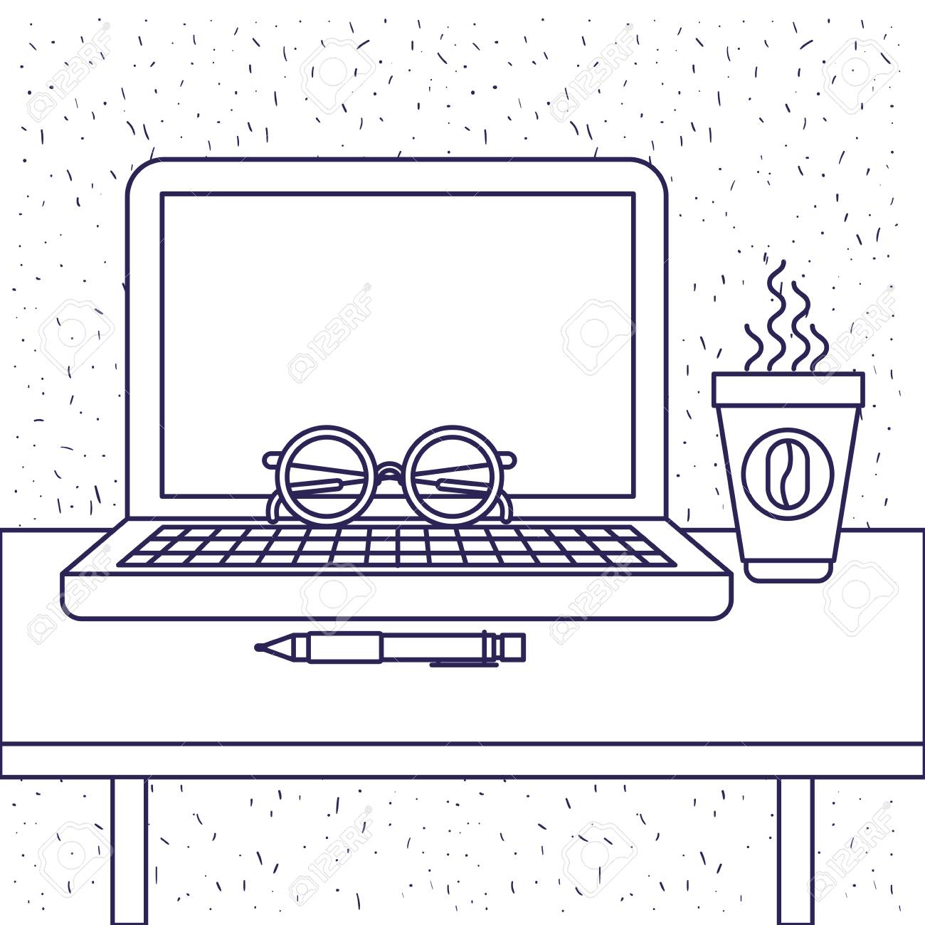 オフィス デスク ノート パソコンやメガネやペン コーヒー カップのベクトル図の青いシルエットと白い背景 のイラスト素材 ベクタ Image オフィス デスク ノート パソコンやメガネやペン コーヒー カップのベクトル図の青いシルエットと白い背景 のイラスト素材 ベクタ Image