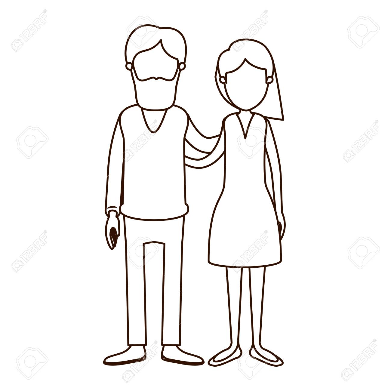 Sketch Contour Full Body Woman With Wavy Short Hair In Skirt