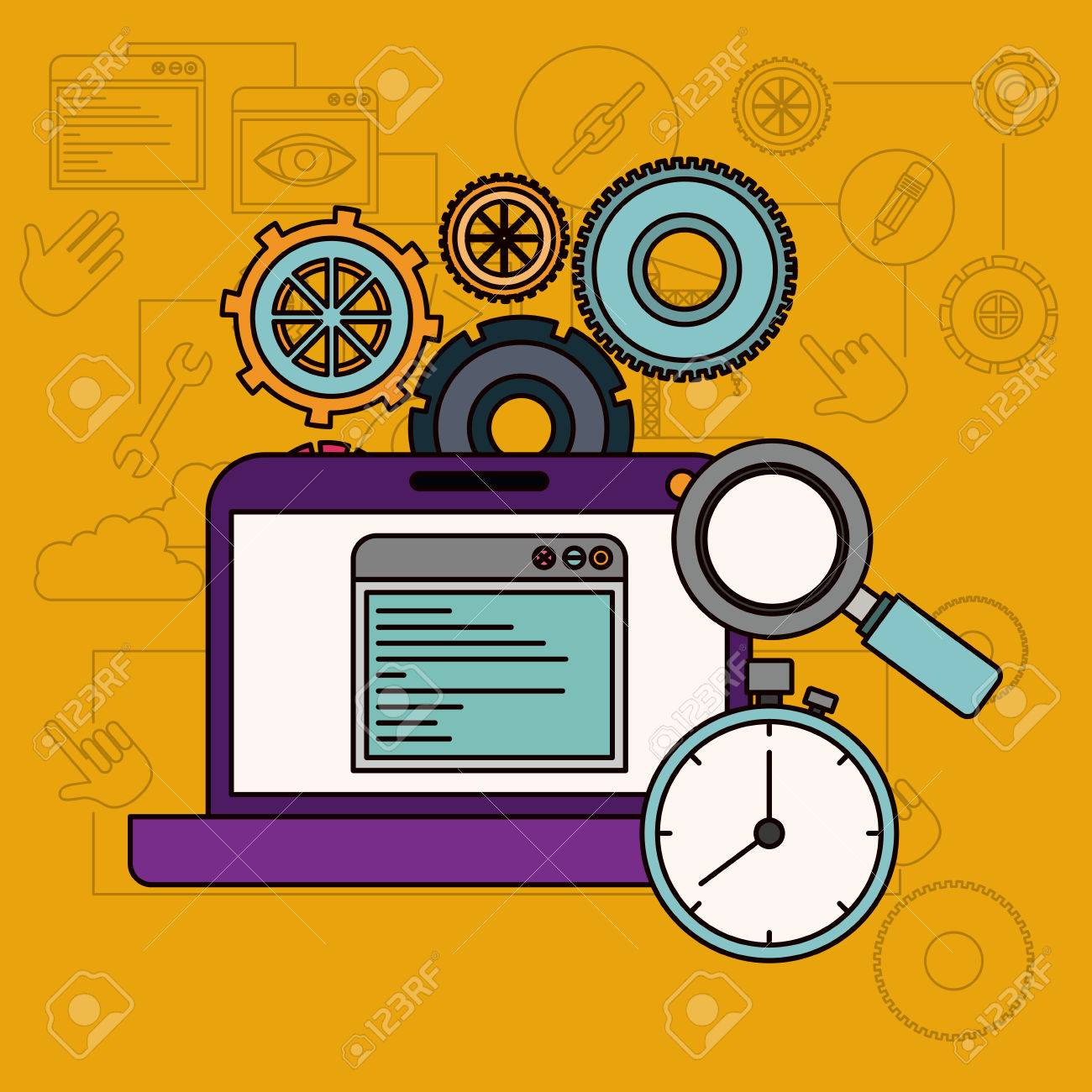 background with laptop computer and search timer vector illustration