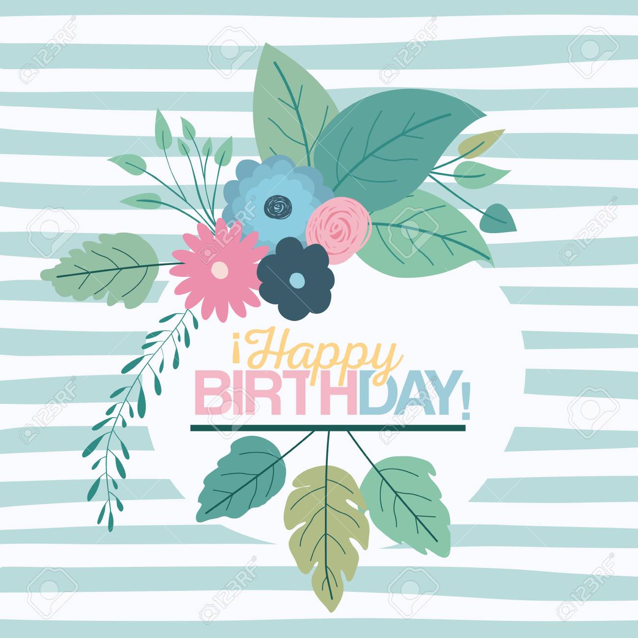 Fond Pastel De Couleur Bleu Avec Des Lignes Et Un Cadre Circulaire Avec Des Fleurs Décoratives Et Texte Joyeux Anniversaire à Lintérieur De