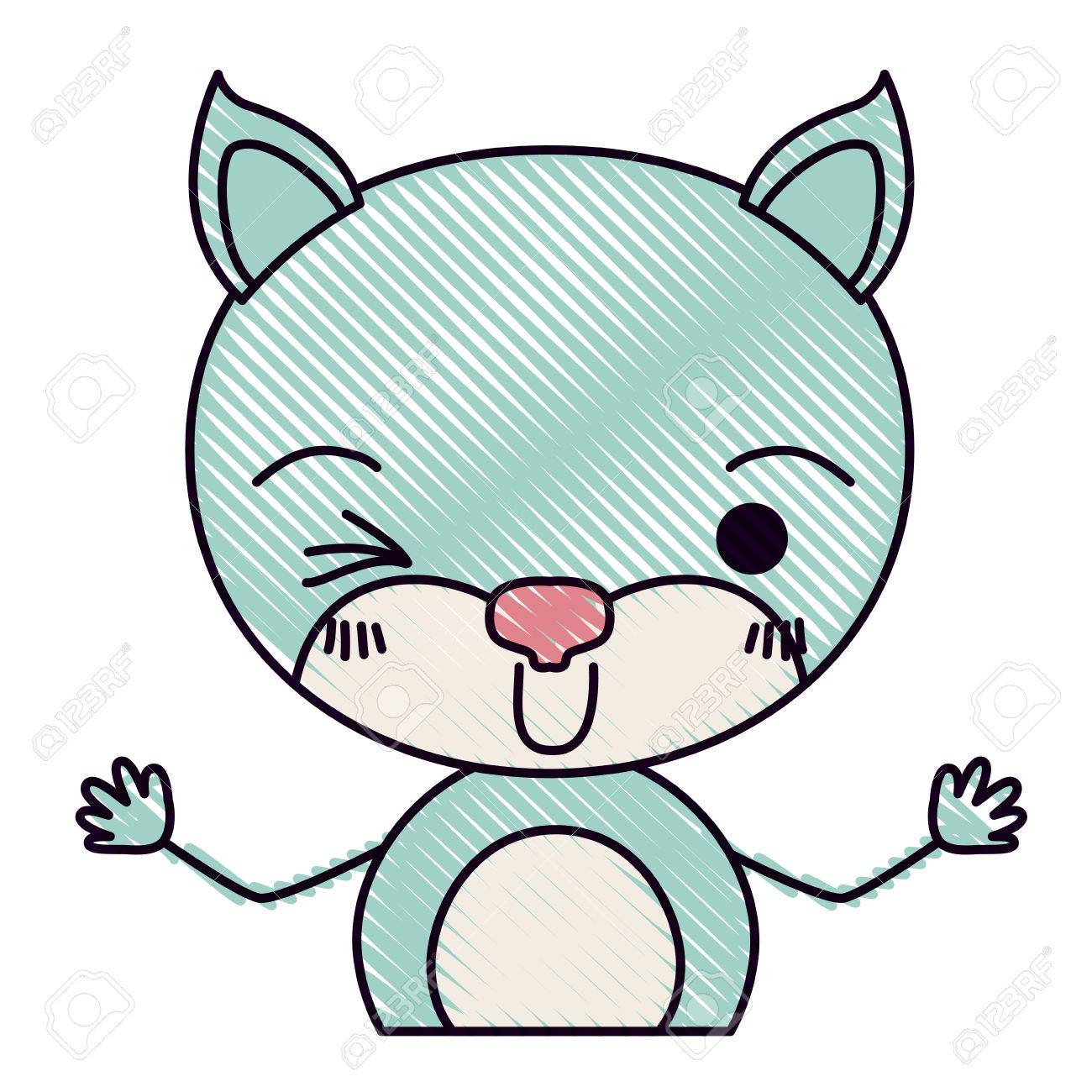 Couleur Crayon Silhouette Caricature Moitie Corps Chat Clin D Oeil Expression Avec Les Mains Illustration Vectorielle Clip Art Libres De Droits Vecteurs Et Illustration Image