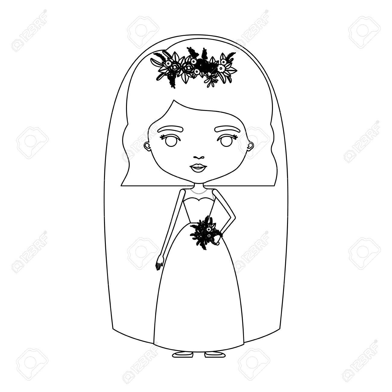 Silhouette Caricature Of Cute Woman In Wedding Dress With Wavy