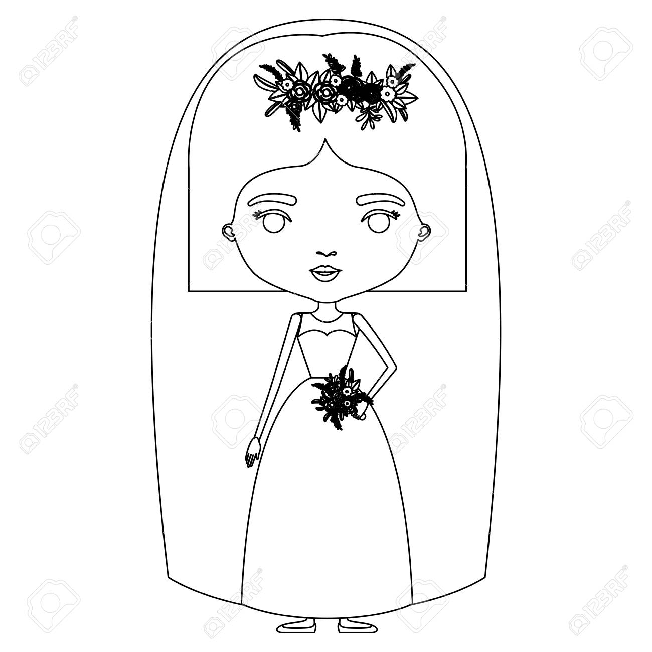 Silhouette Caricature Of Cute Woman In Wedding Dress With Straight